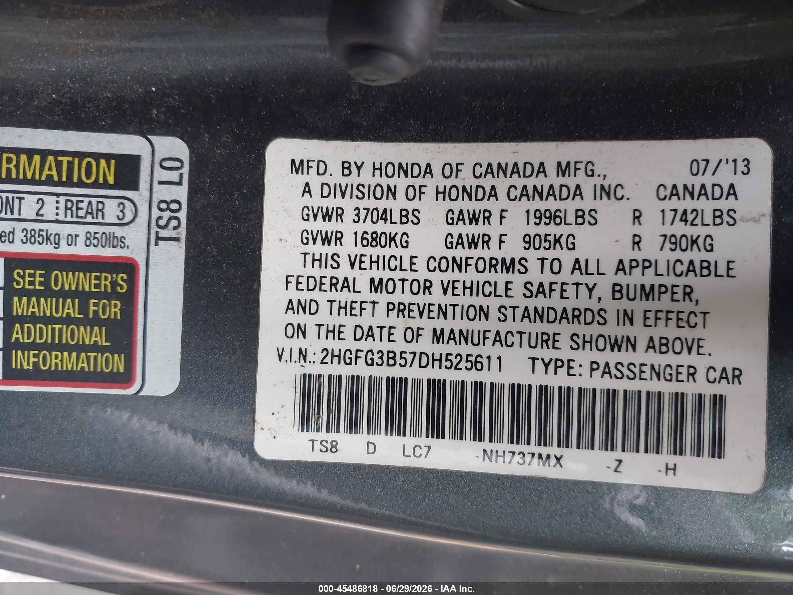 2013 Honda Civic Lx Gray vin: 2HGFG3B57DH525611