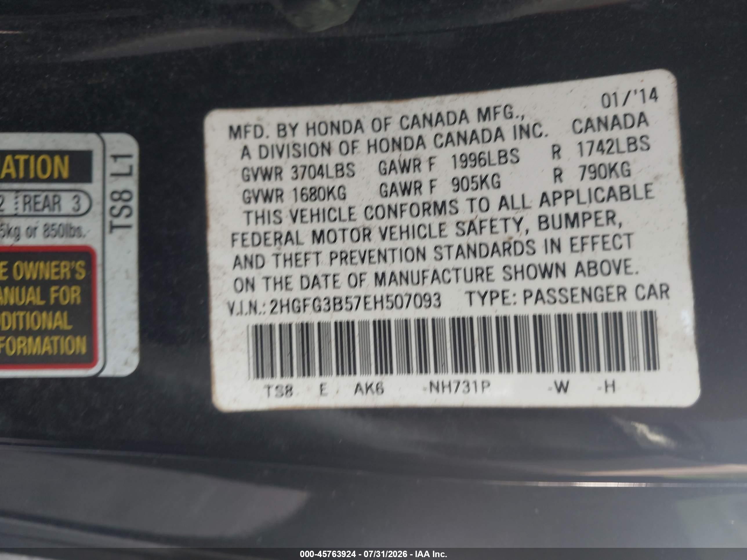 2014 Honda Civic Lx Black vin: 2HGFG3B57EH507093