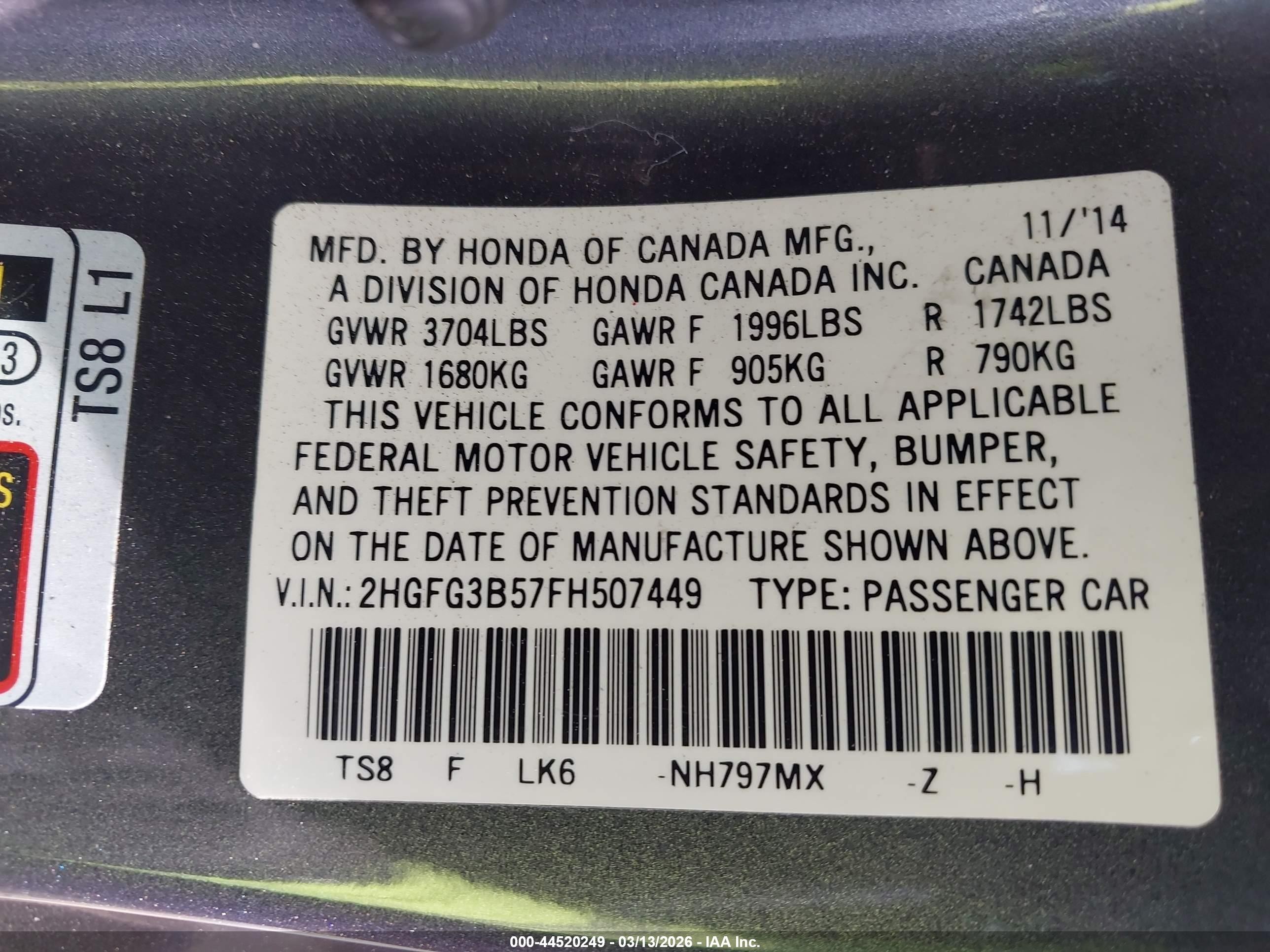 2015 Honda Civic Lx Gray vin: 2HGFG3B57FH507449