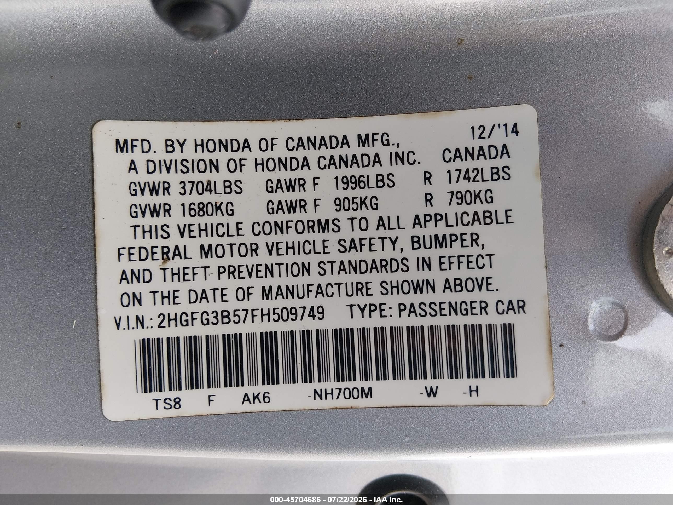 2015 Honda Civic Lx Silver vin: 2HGFG3B57FH509749