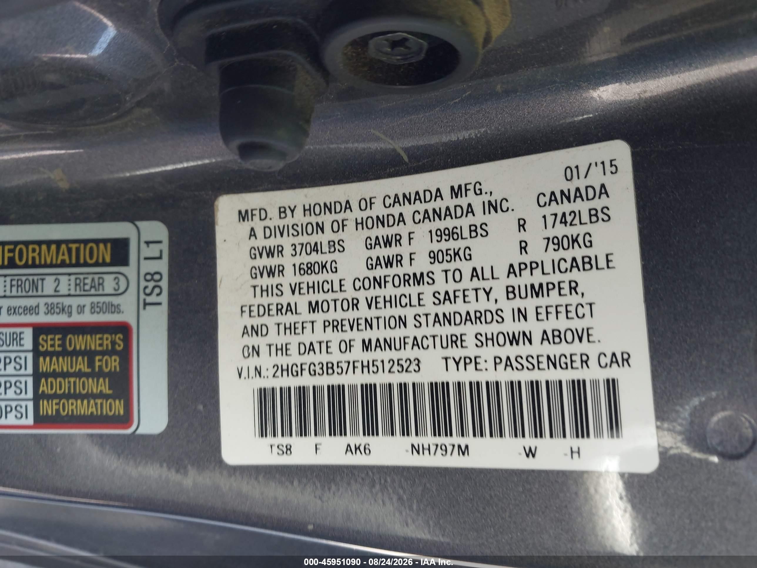 2015 Honda Civic Lx Серый vin: 2HGFG3B57FH512523