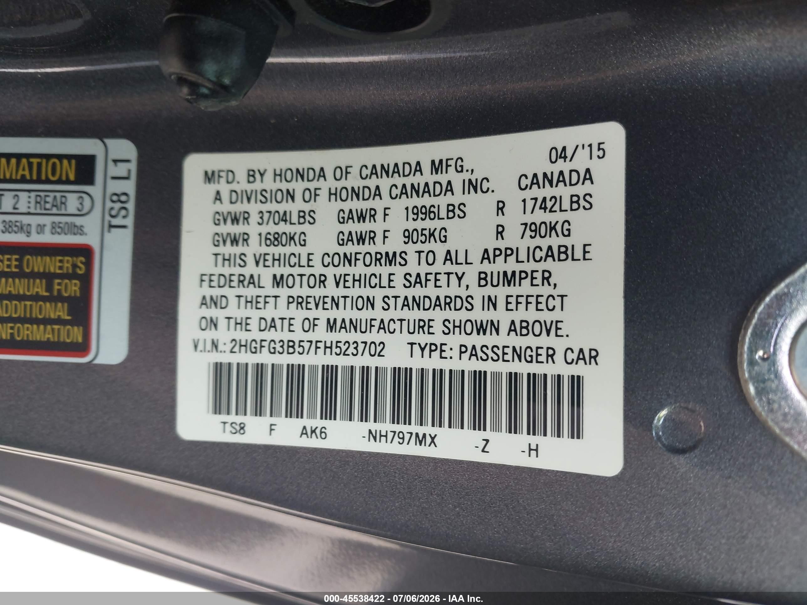 2015 Honda Civic Lx Gray vin: 2HGFG3B57FH523702