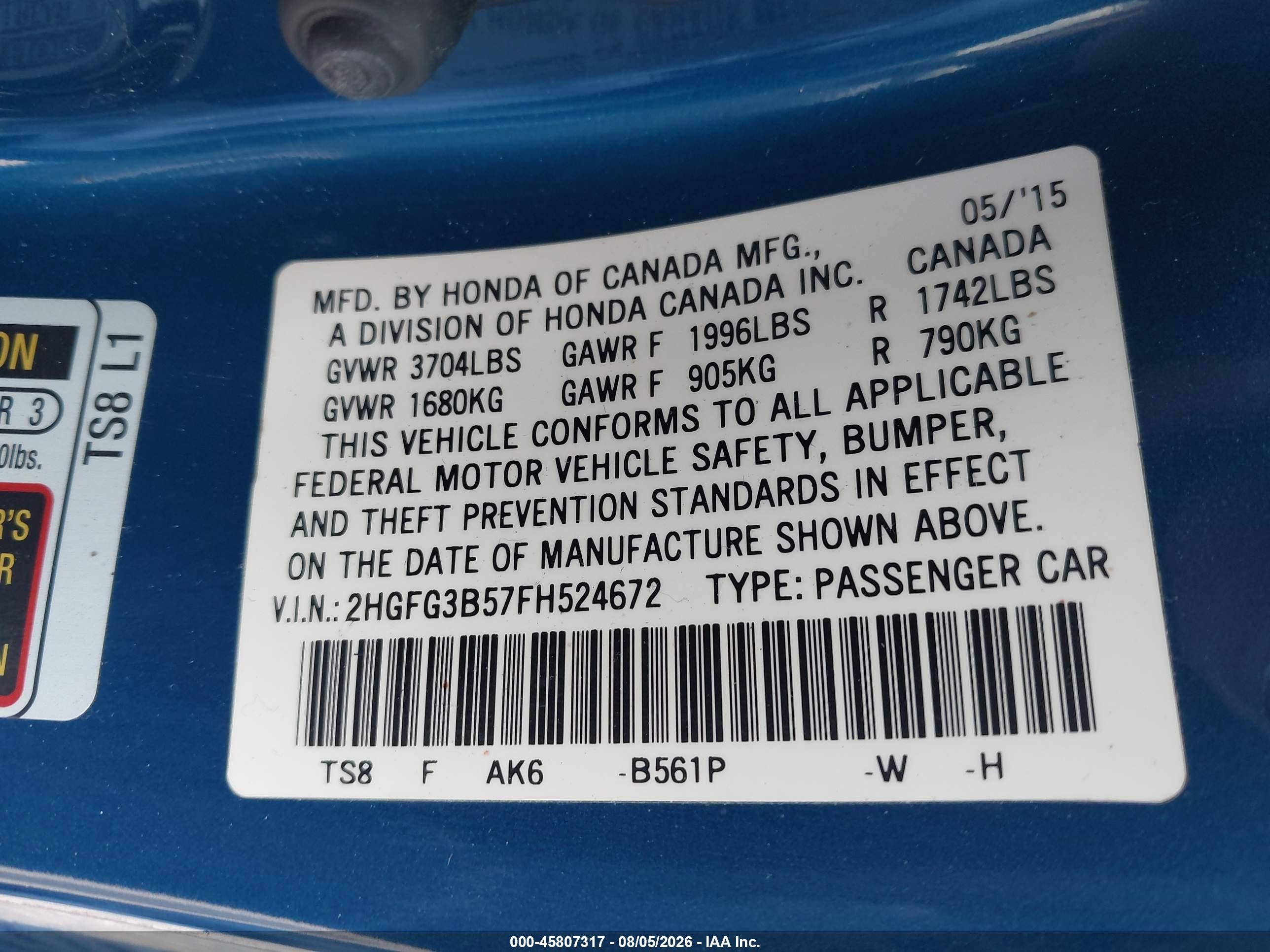 2015 Honda Civic Lx Blue vin: 2HGFG3B57FH524672