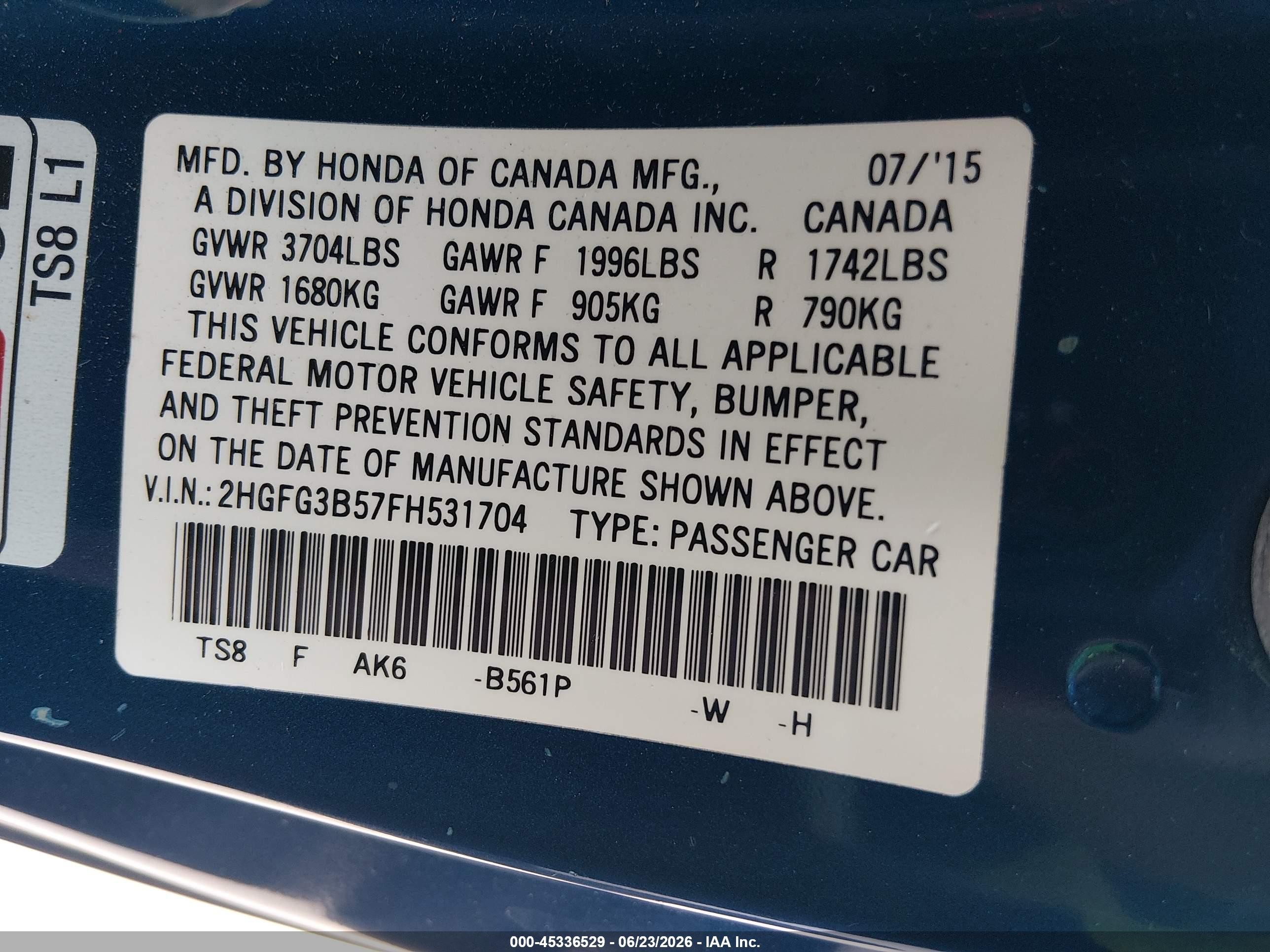 2015 Honda Civic Lx Blue vin: 2HGFG3B57FH531704