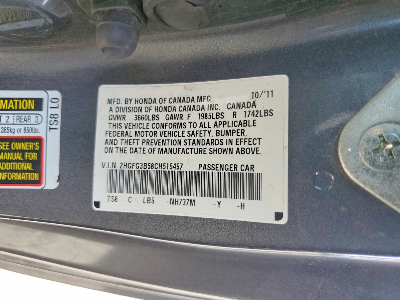 2012 Honda Civic Lx Gray vin: 2HGFG3B58CH515457