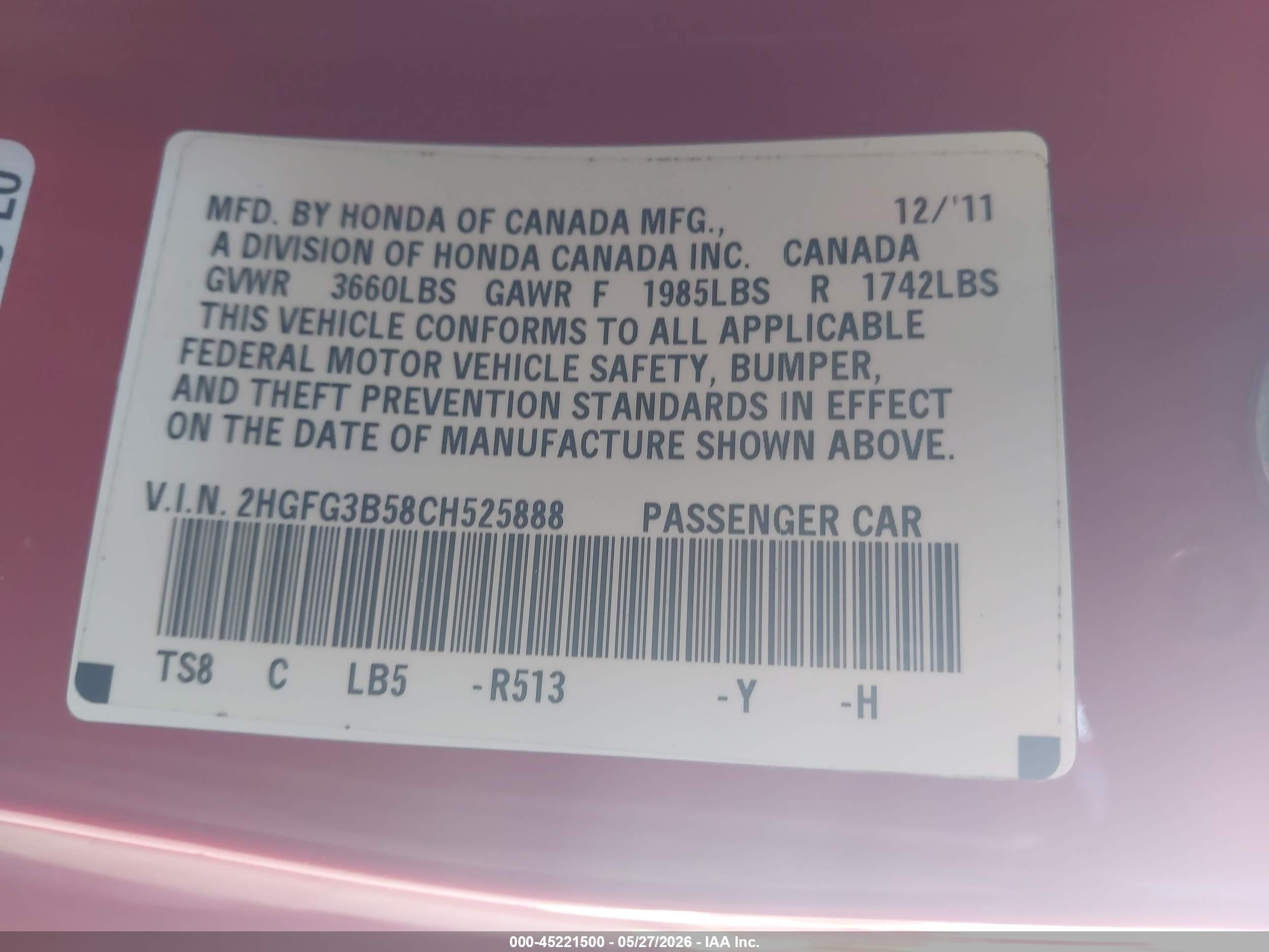 2012 Honda Civic Lx Red vin: 2HGFG3B58CH525888