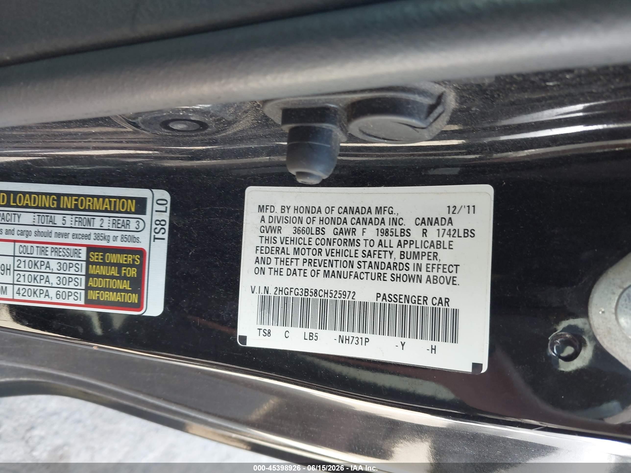 2012 Honda Civic Lx Black vin: 2HGFG3B58CH525972