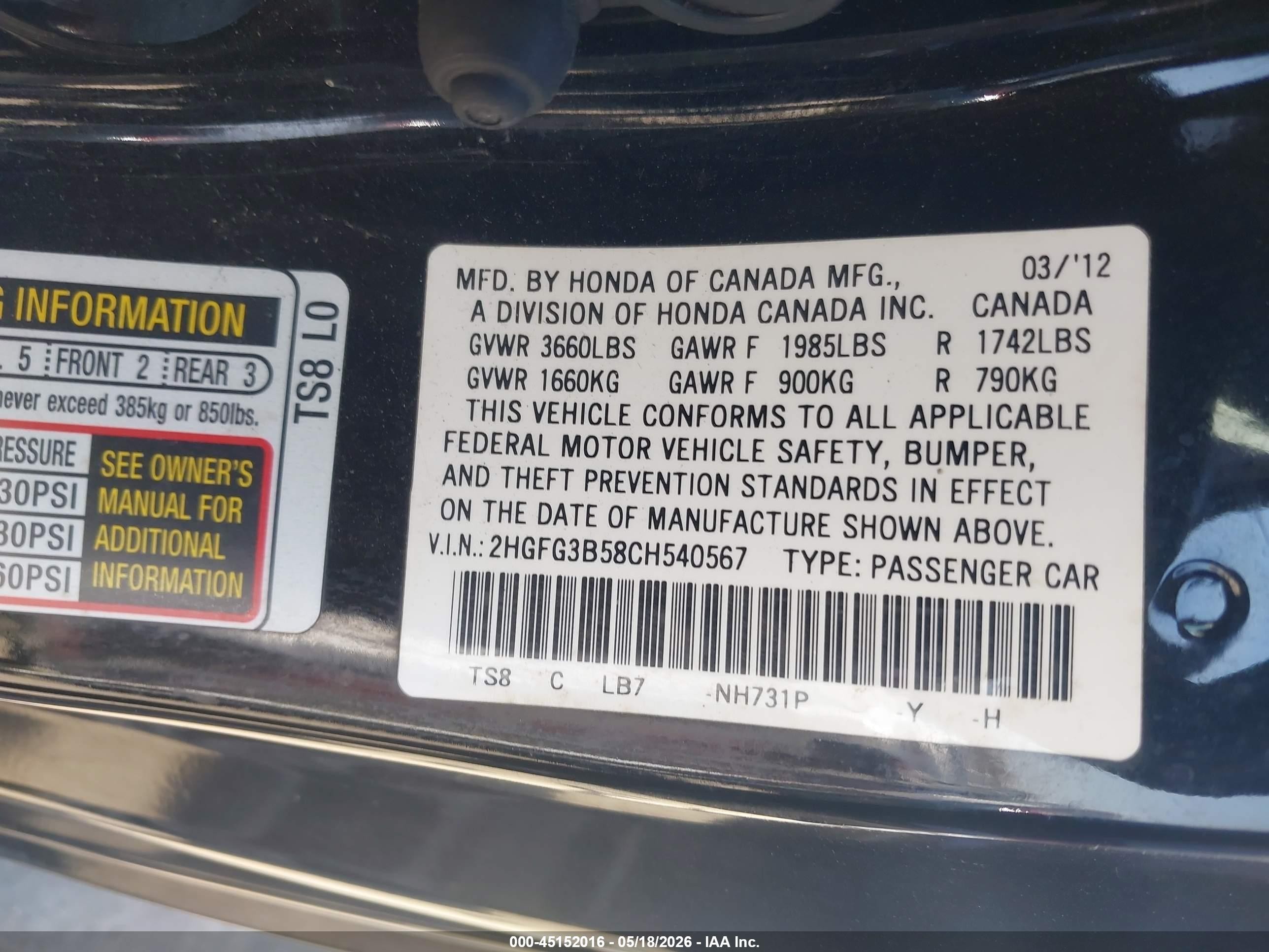 2012 Honda Civic Lx Black vin: 2HGFG3B58CH540567