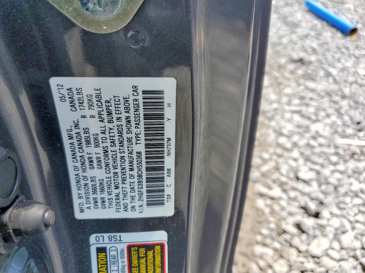 2012 Honda Civic Lx Gray vin: 2HGFG3B58CH550368