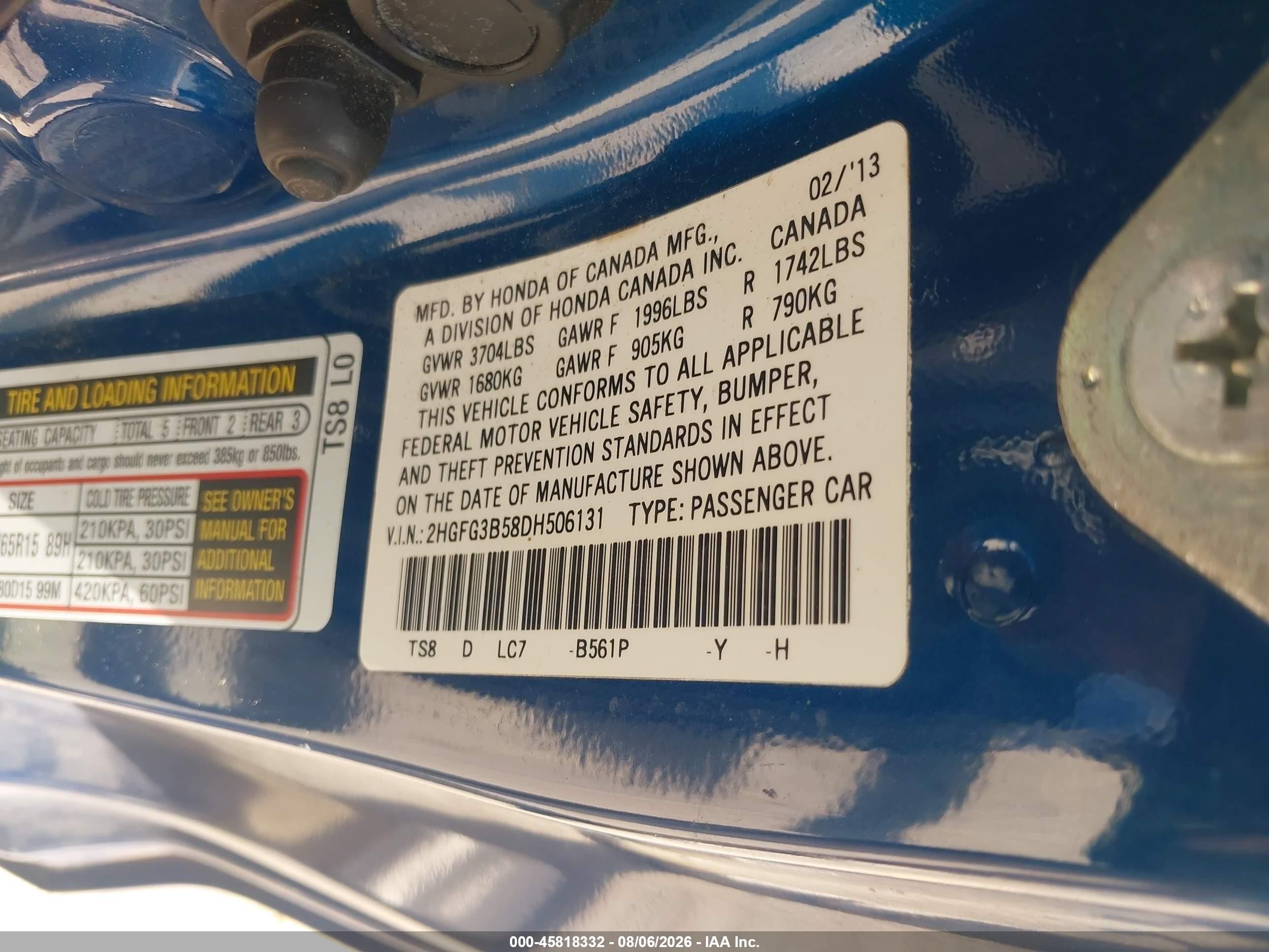 2013 Honda Civic Lx Blue vin: 2HGFG3B58DH506131