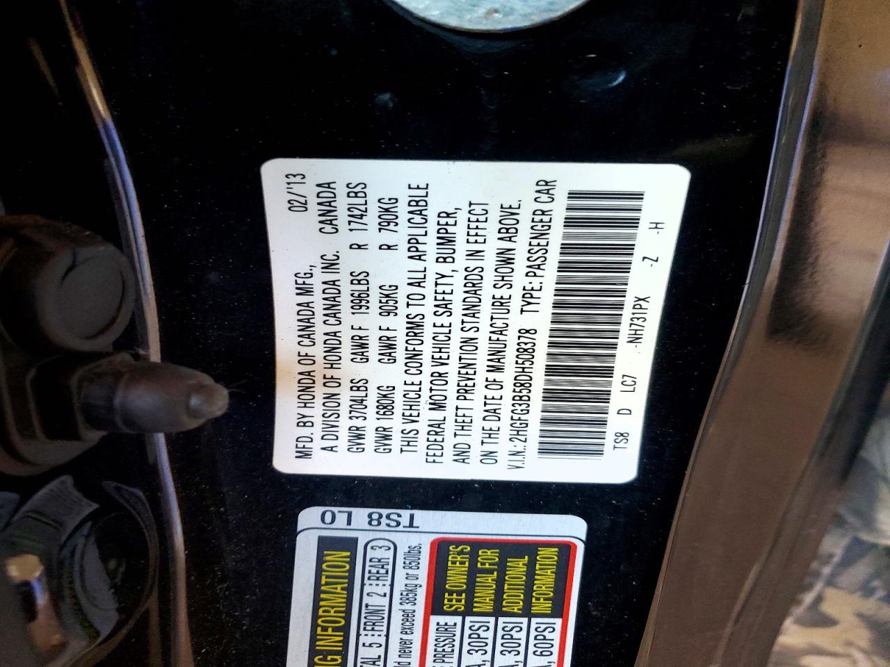 2013 Honda Civic Lx Black vin: 2HGFG3B58DH508378