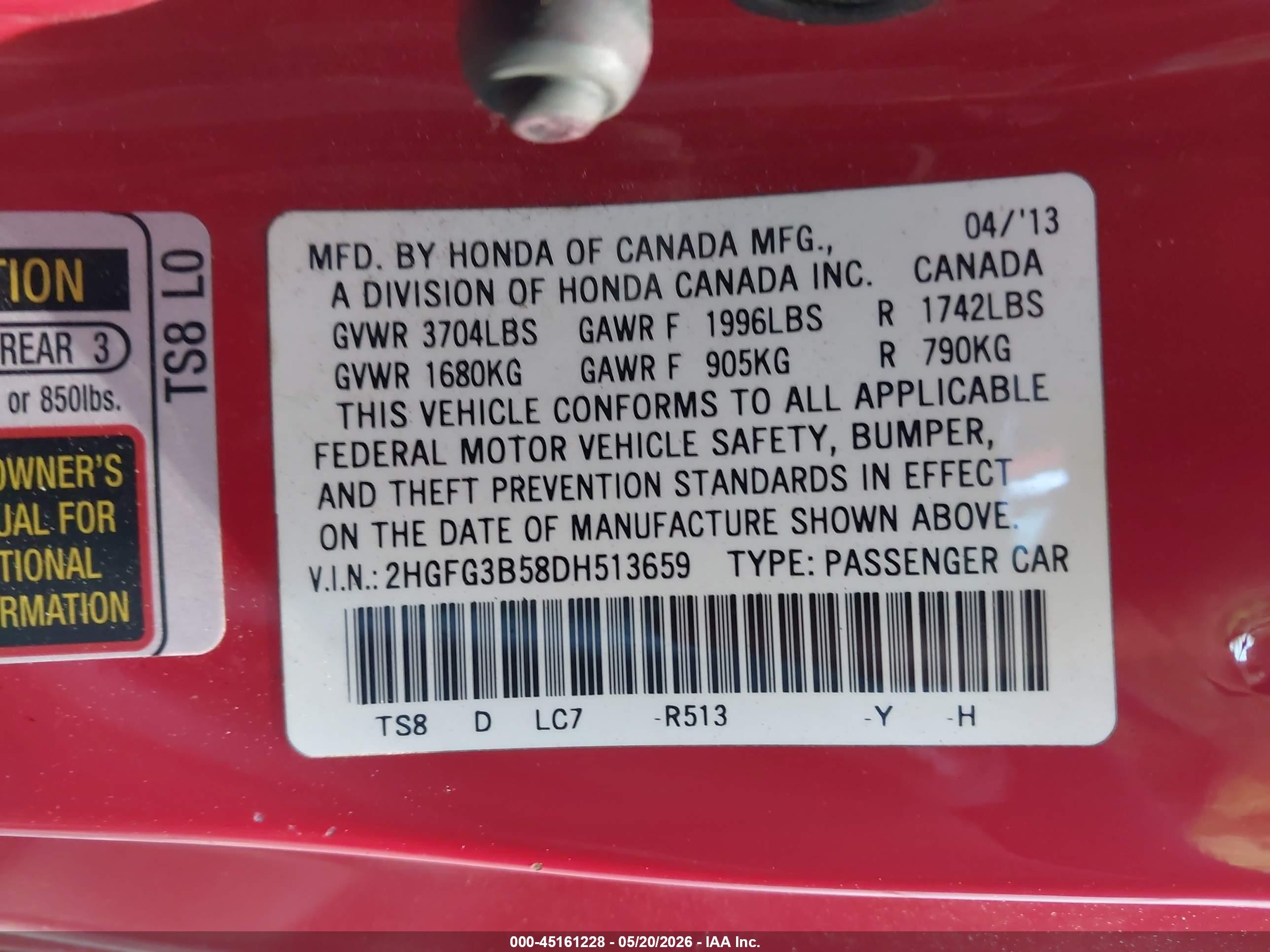2013 Honda Civic Lx Red vin: 2HGFG3B58DH513659