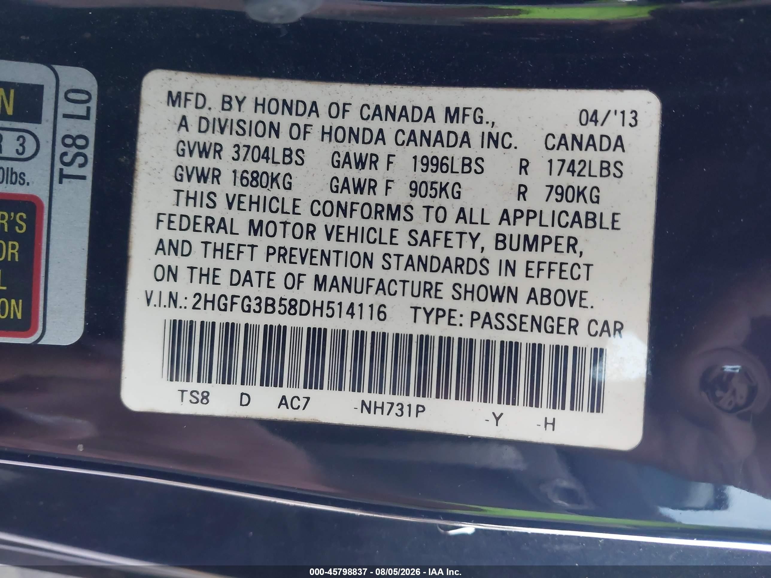 2013 Honda Civic Lx Черный vin: 2HGFG3B58DH514116