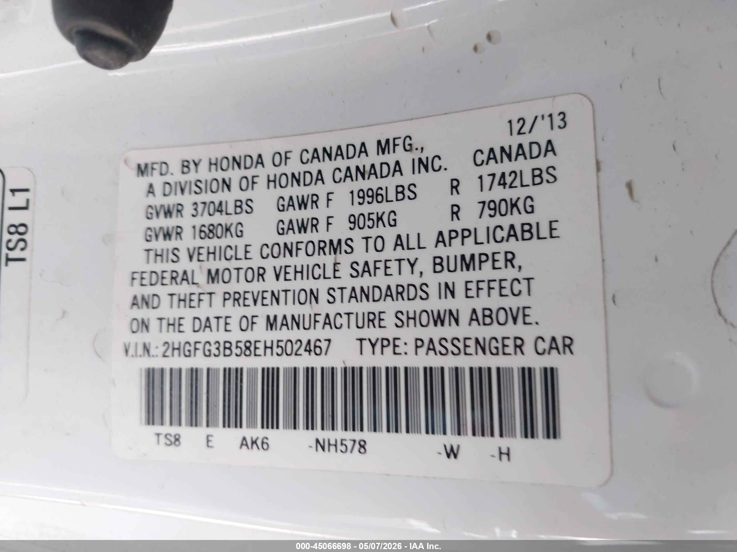 2014 Honda Civic Lx White vin: 2HGFG3B58EH502467