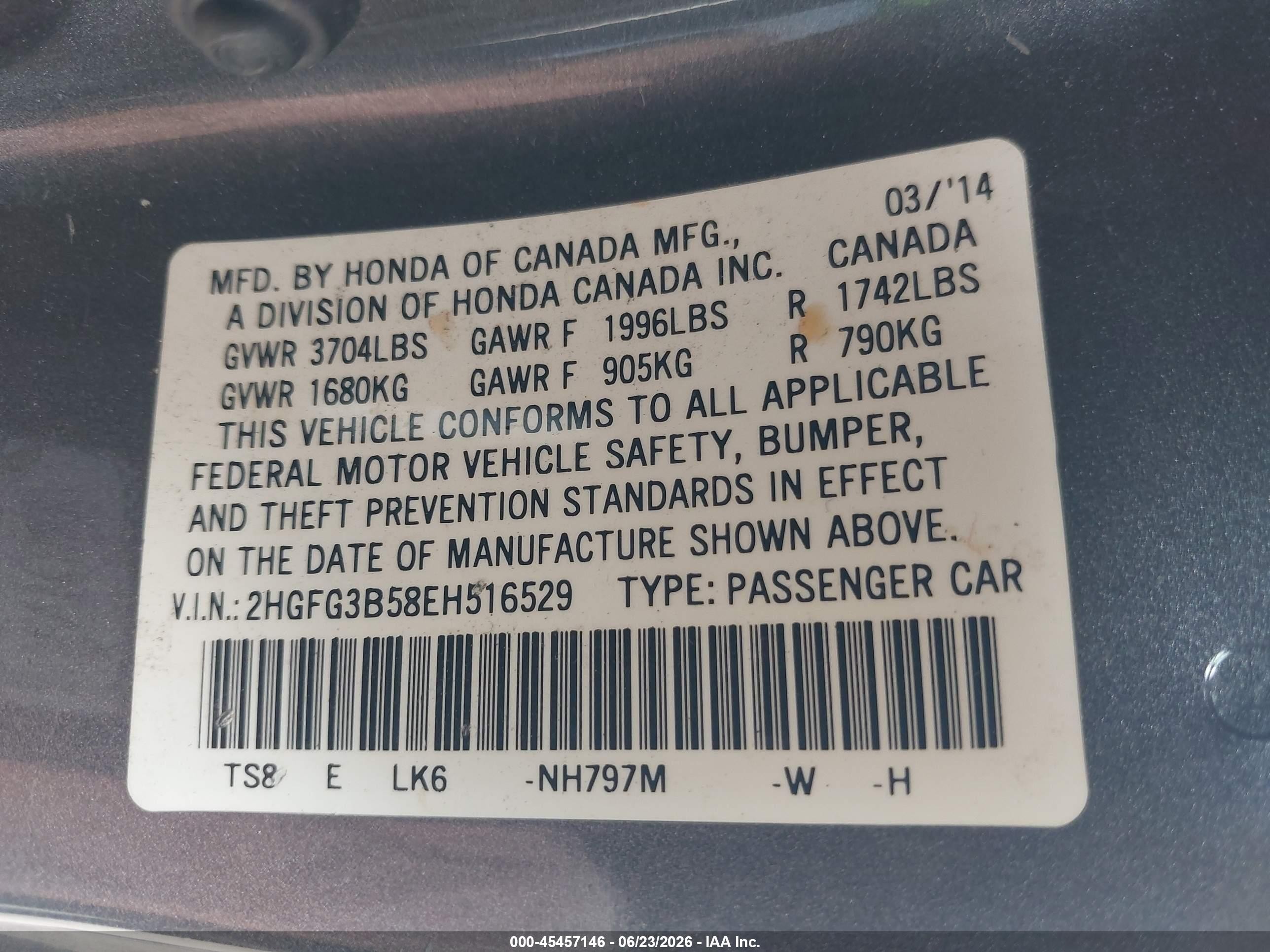 2014 Honda Civic Lx Gray vin: 2HGFG3B58EH516529