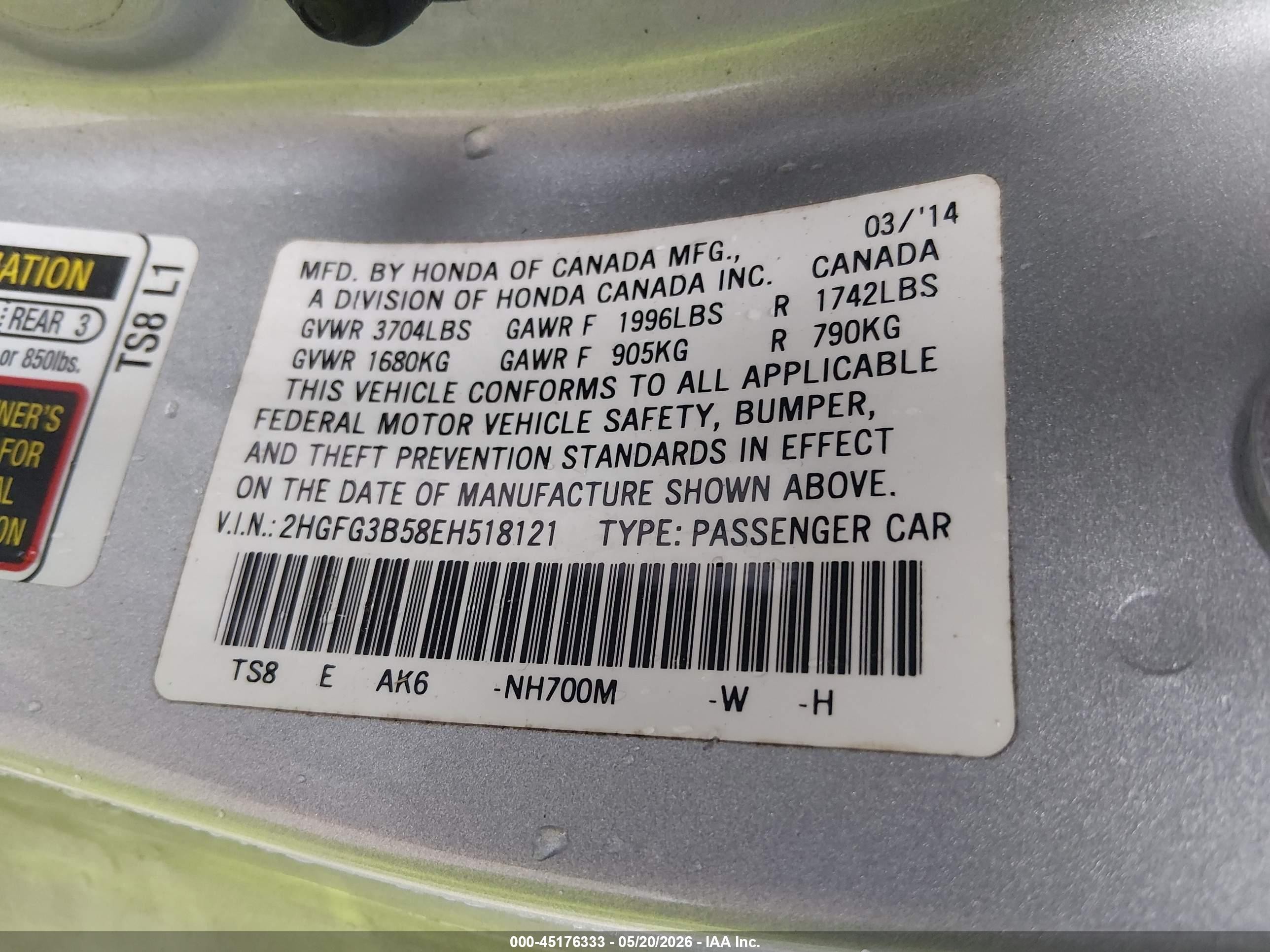 2014 Honda Civic Lx Серебряный vin: 2HGFG3B58EH518121