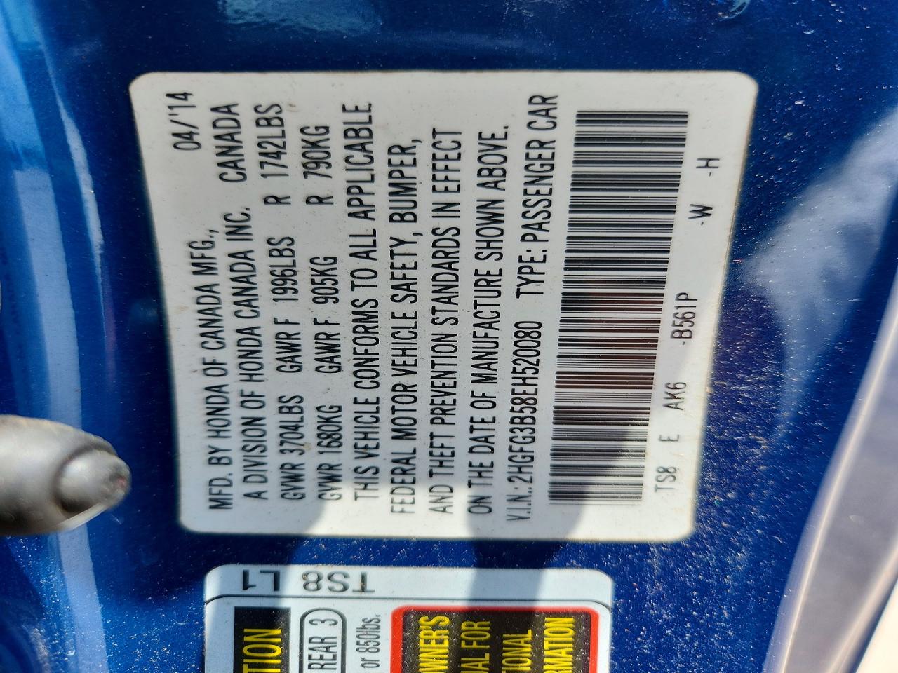 2014 Honda Civic Lx Blue vin: 2HGFG3B58EH520080