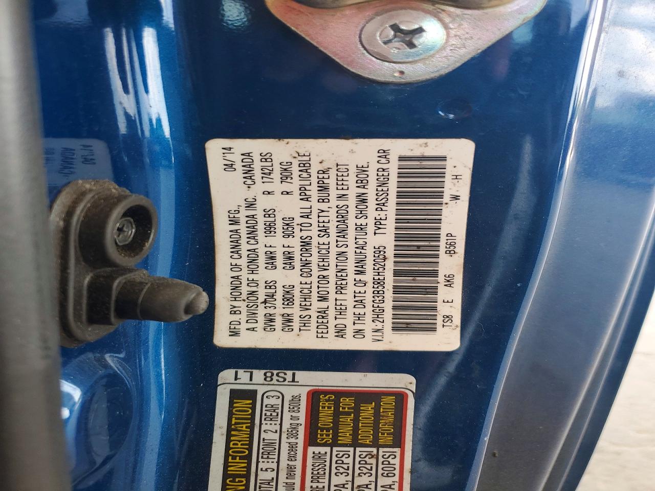 2014 Honda Civic Lx Blue vin: 2HGFG3B58EH520595