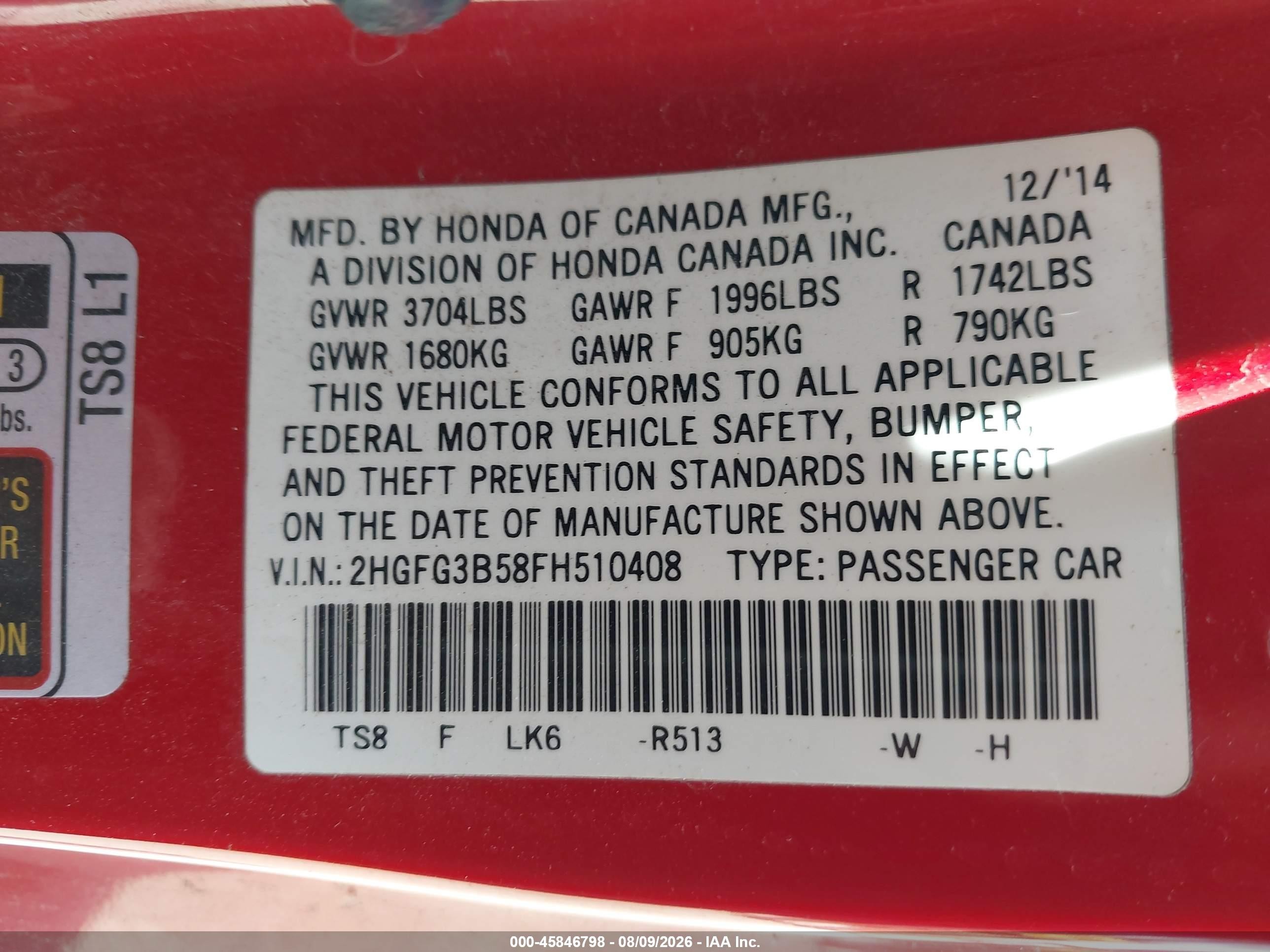 2015 Honda Civic Lx Red vin: 2HGFG3B58FH510408