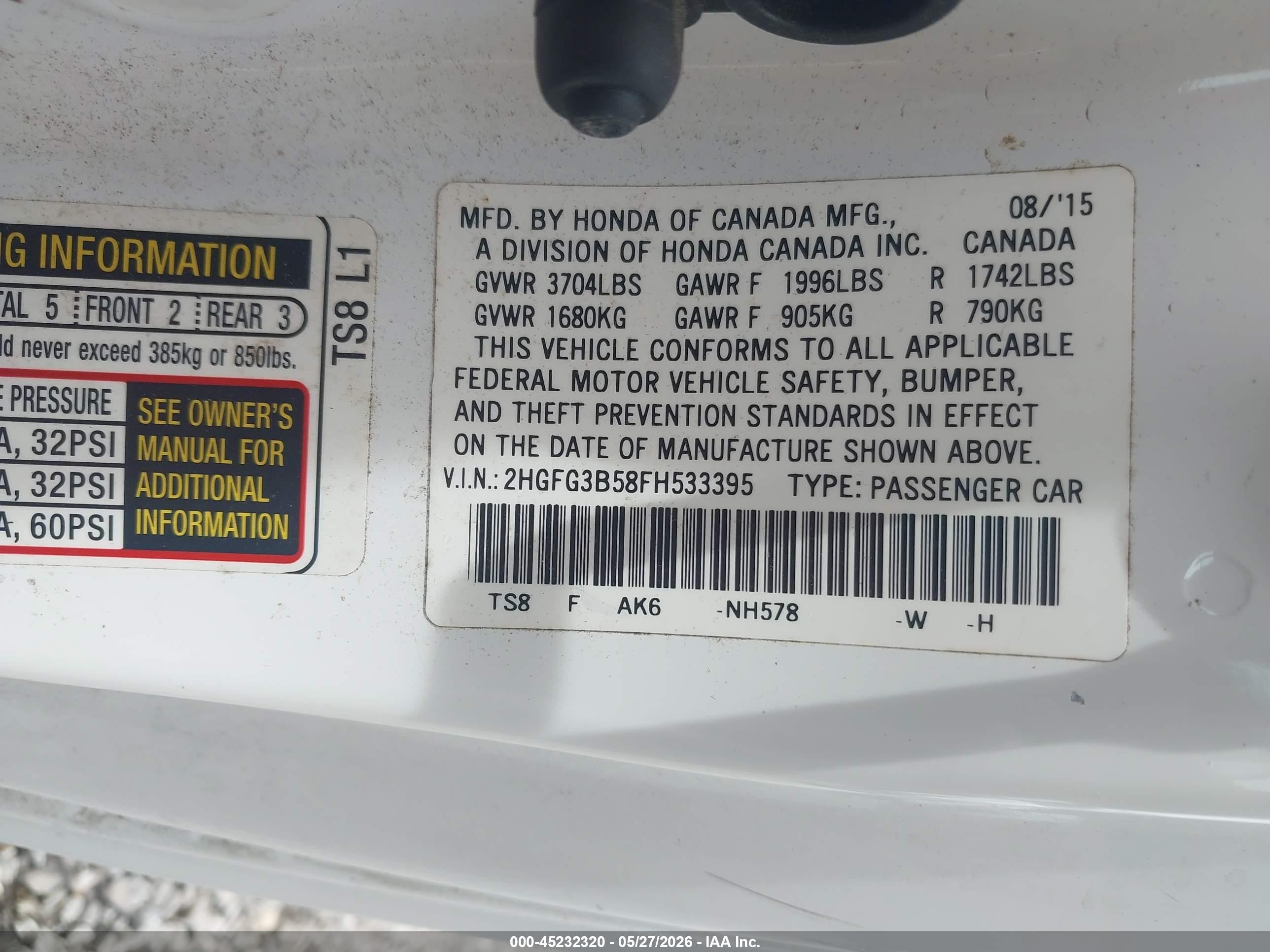 2015 Honda Civic Lx White vin: 2HGFG3B58FH533395
