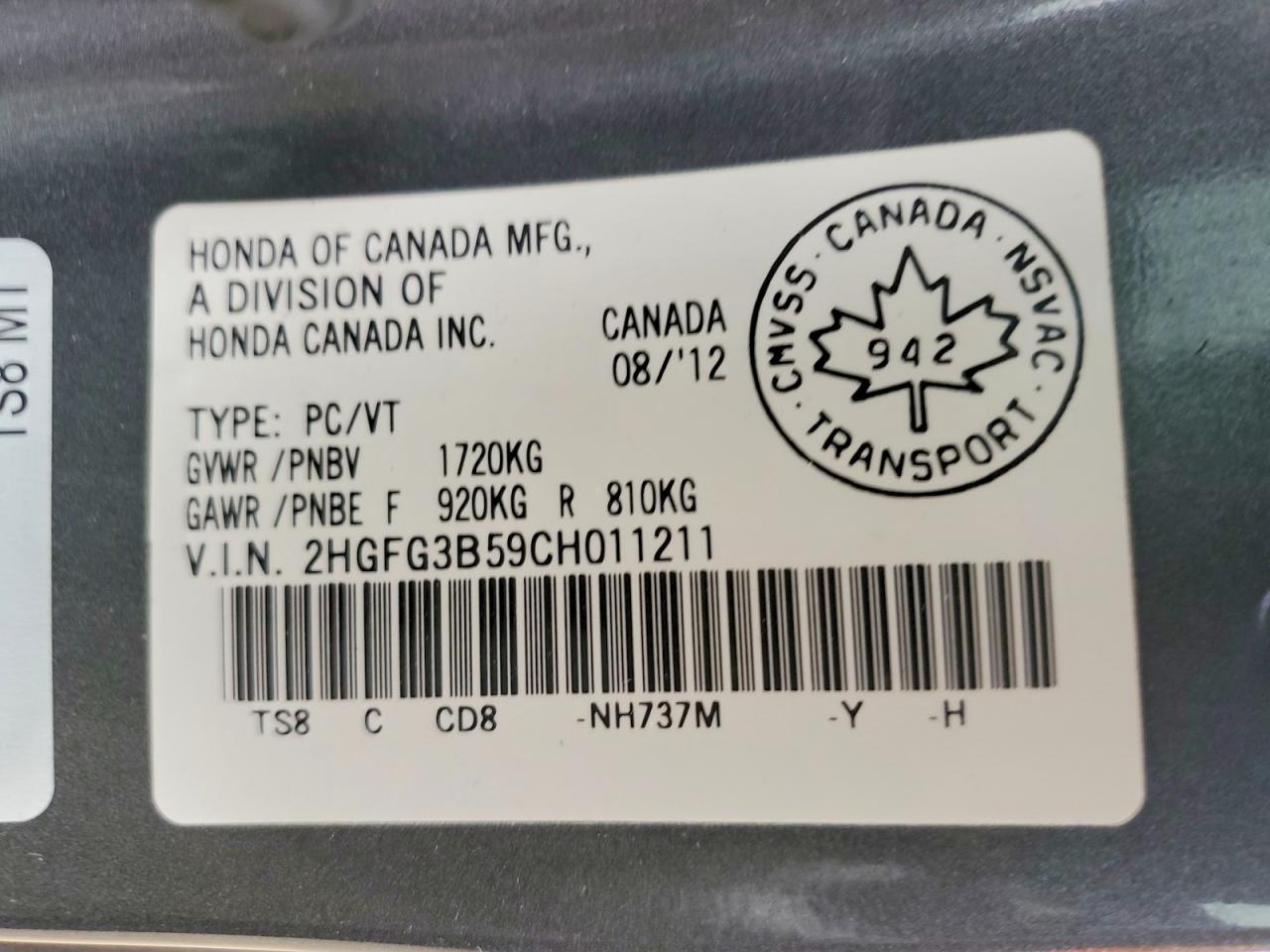 2012 Honda Civic Lx Gray vin: 2HGFG3B59CH011211