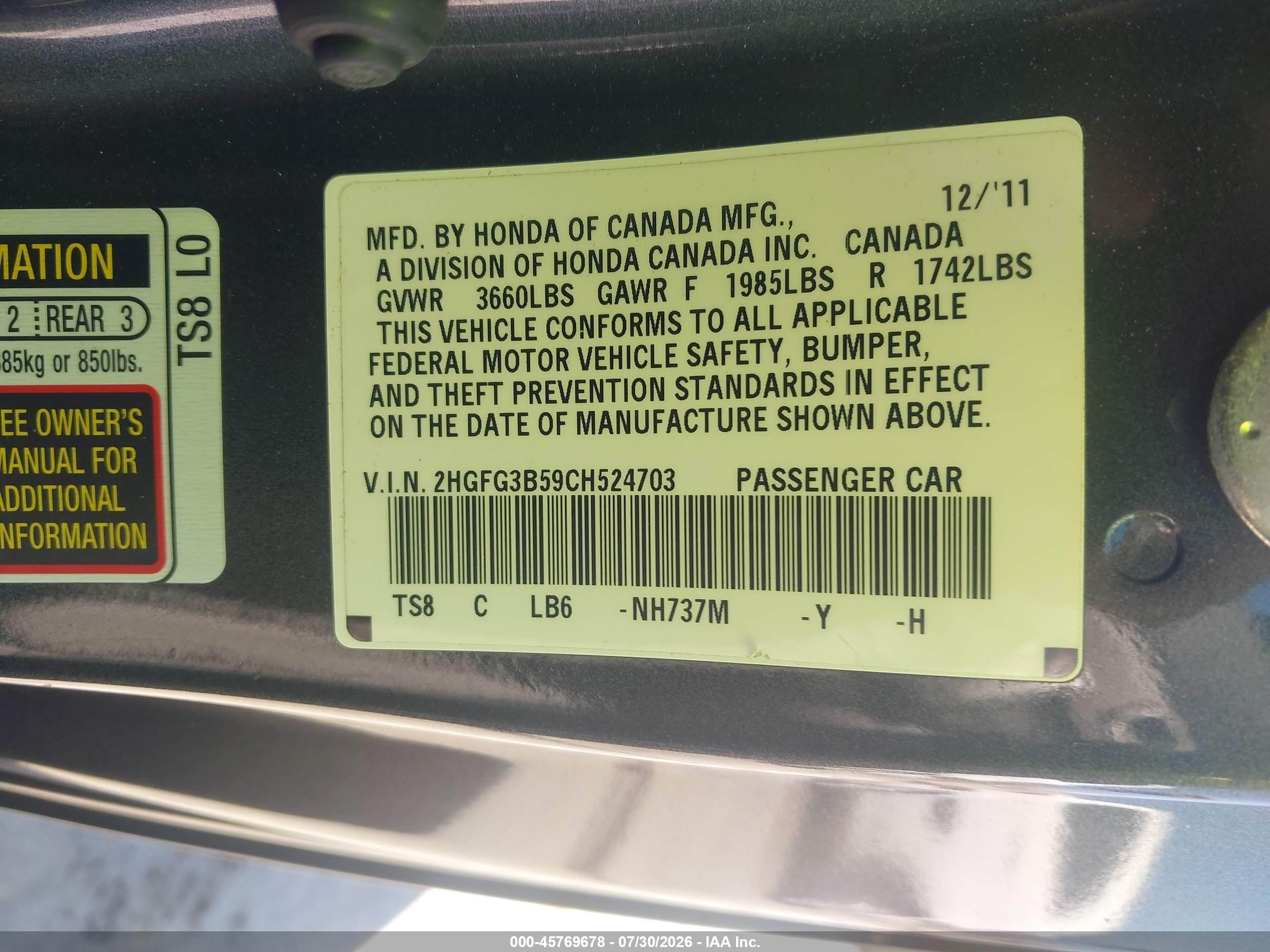 2012 Honda Civic Lx Gray vin: 2HGFG3B59CH524703