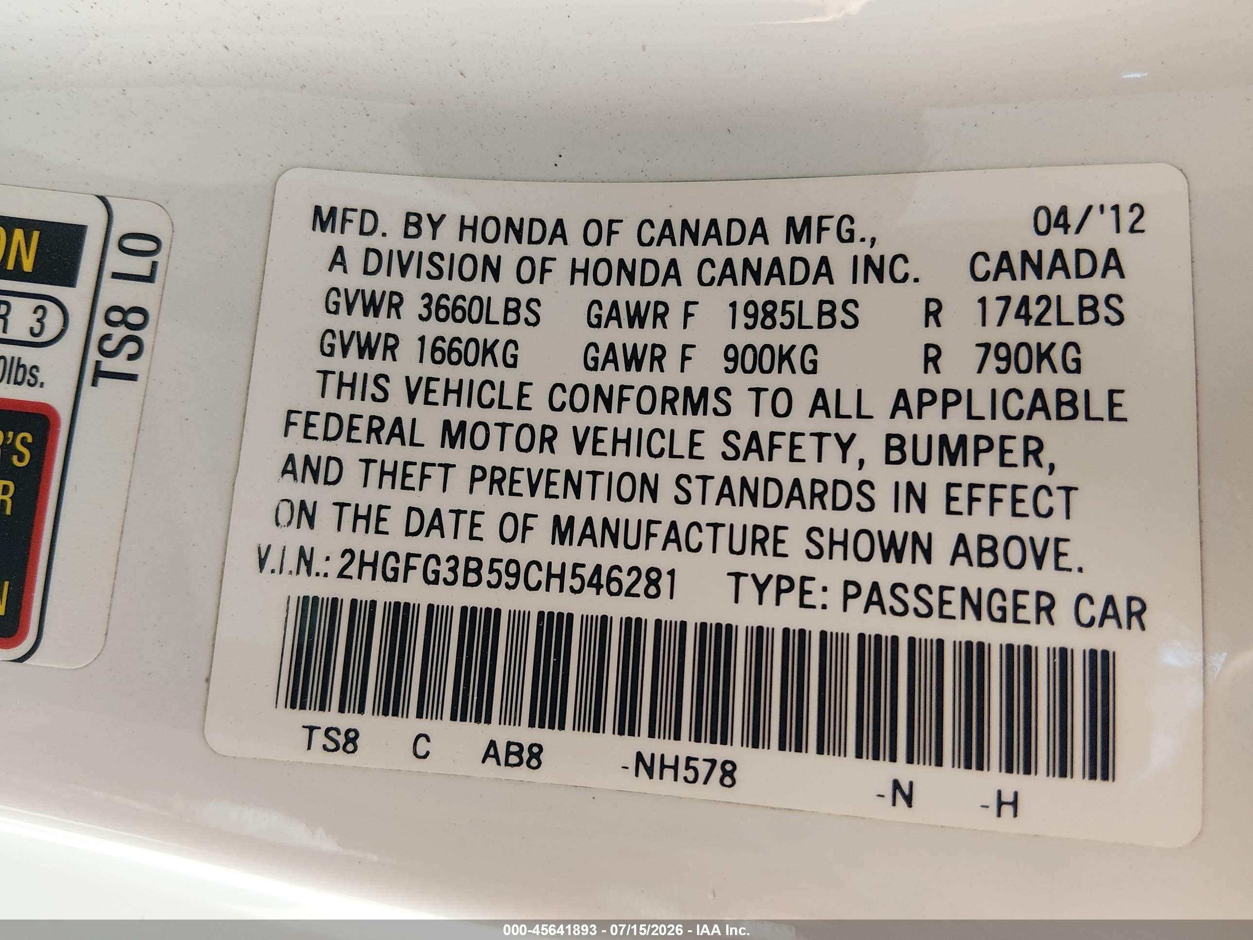 2012 Honda Civic Lx White vin: 2HGFG3B59CH546281