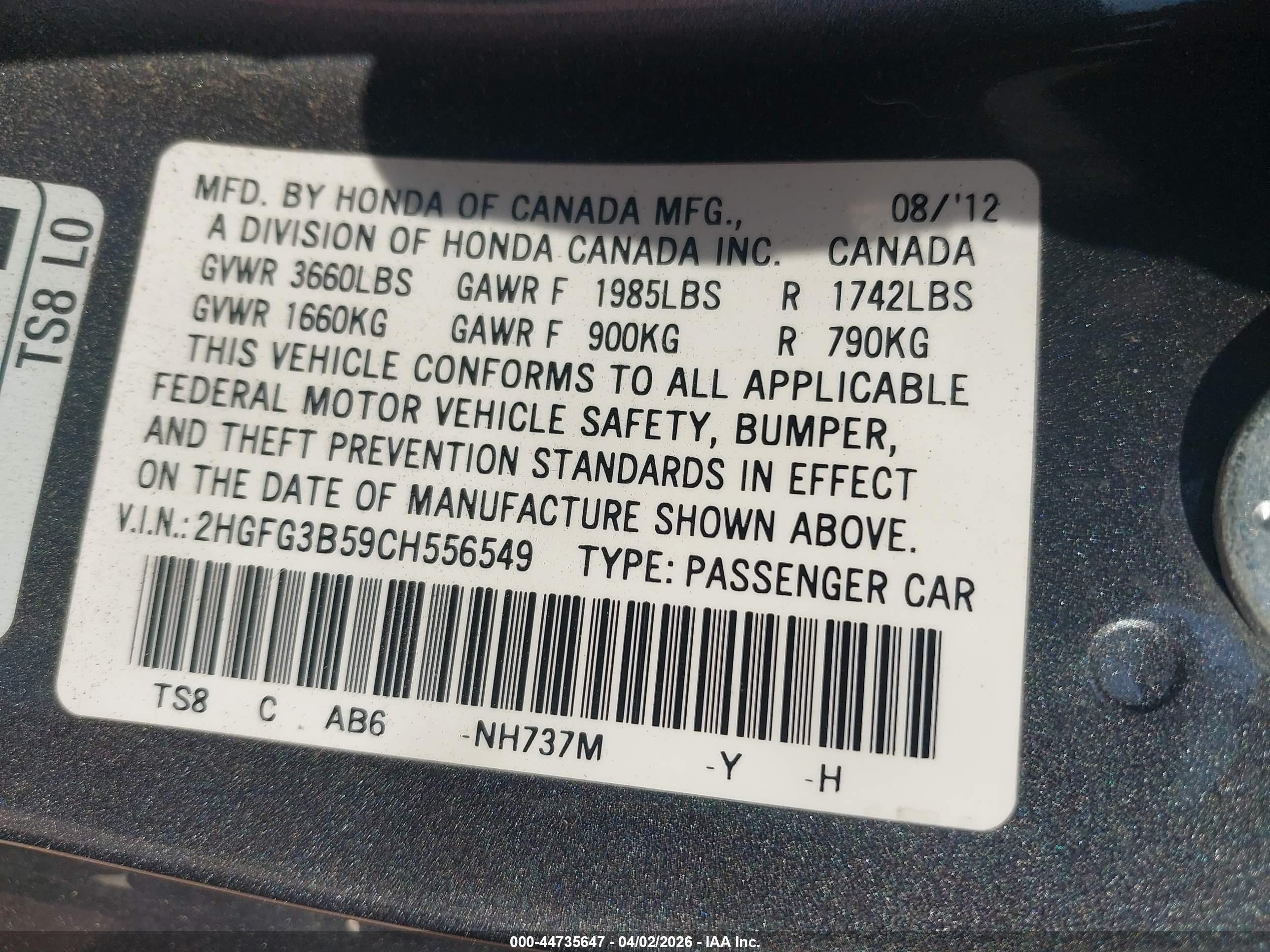 2012 Honda Civic Lx Серый vin: 2HGFG3B59CH556549