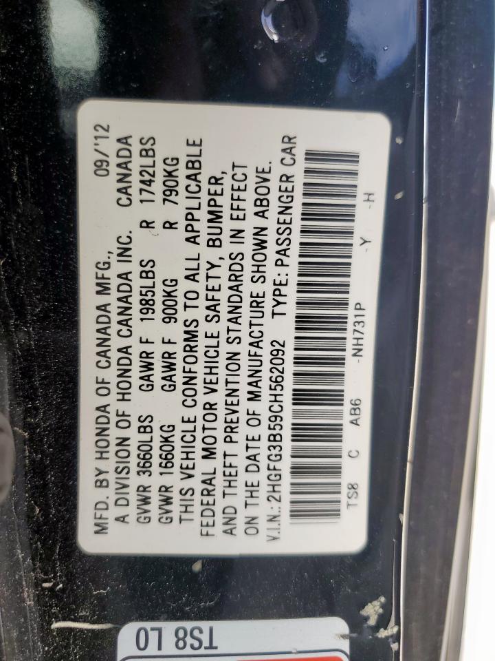 2012 Honda Civic Lx Black vin: 2HGFG3B59CH562092