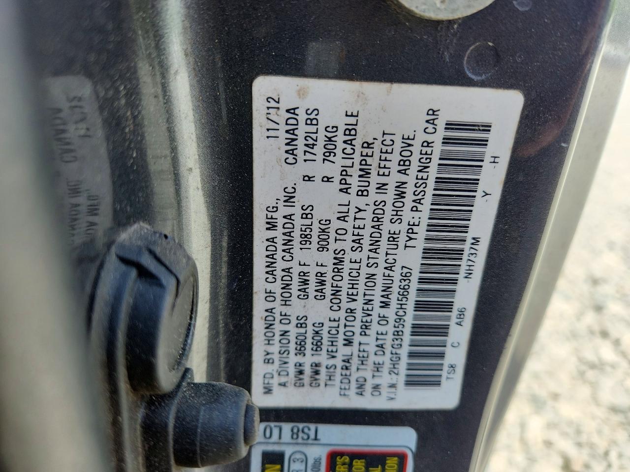 2012 Honda Civic Lx Gray vin: 2HGFG3B59CH566367