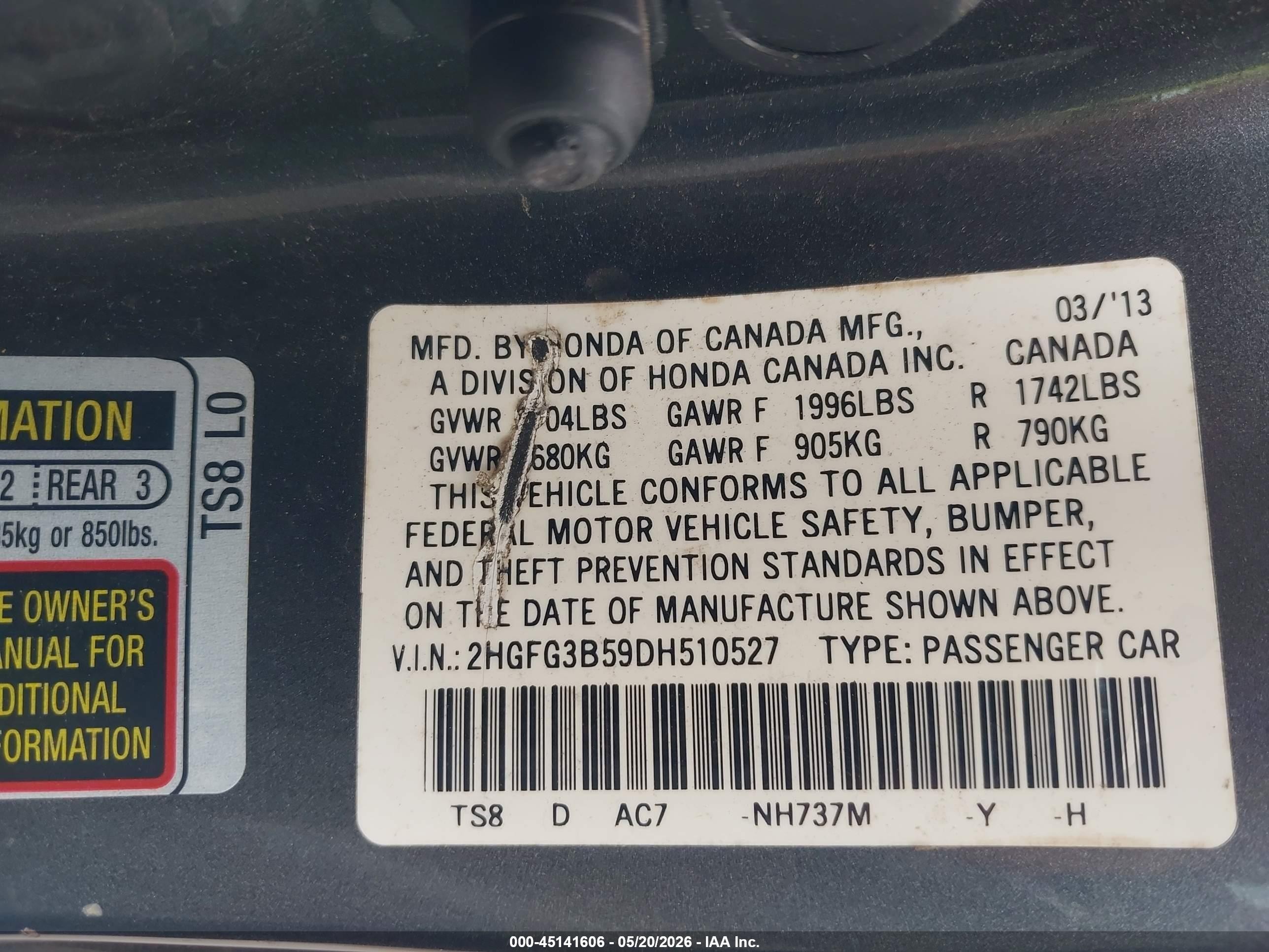 2013 Honda Civic Lx Gray vin: 2HGFG3B59DH510527