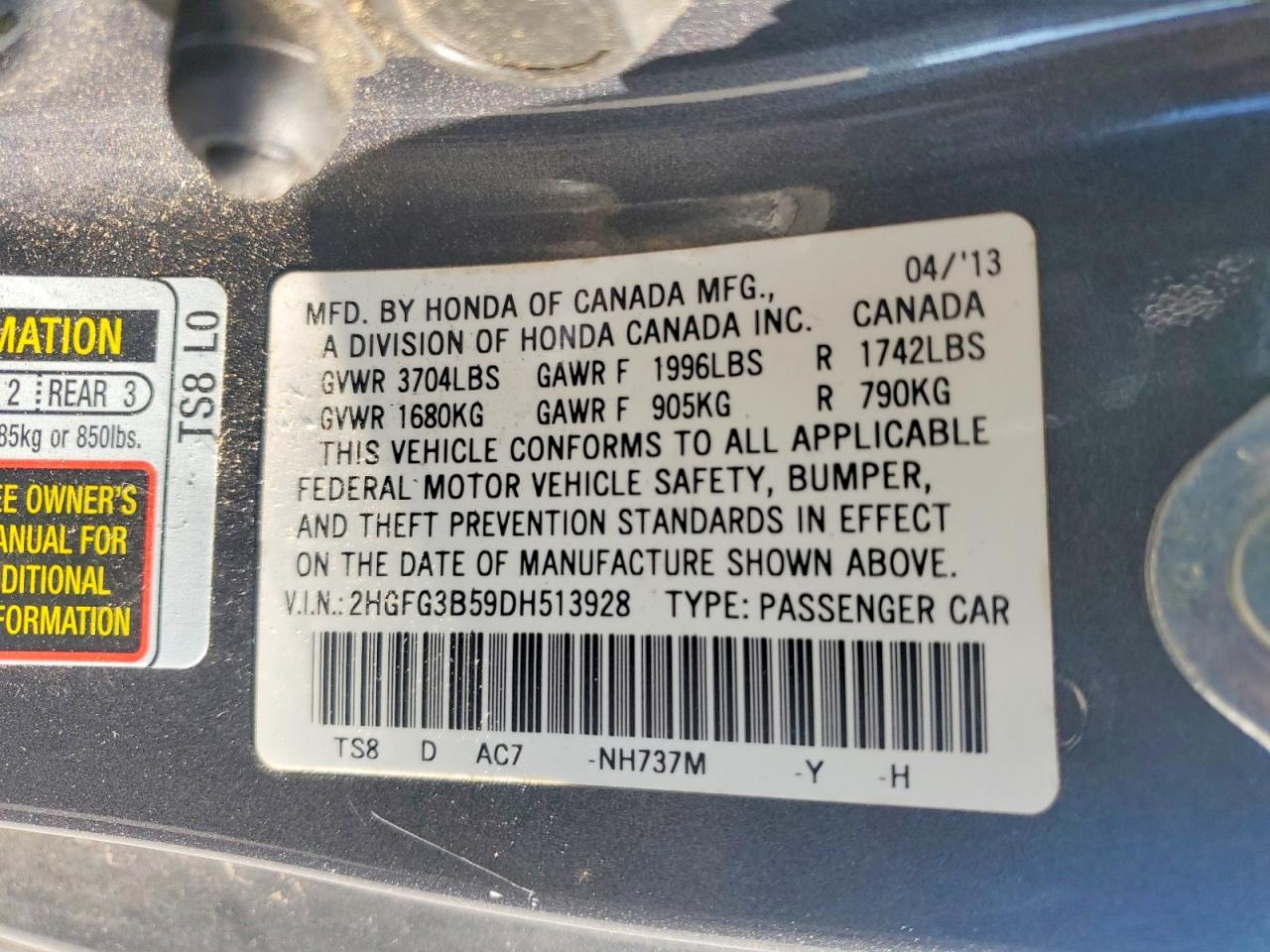 2013 Honda Civic Lx Gray vin: 2HGFG3B59DH513928