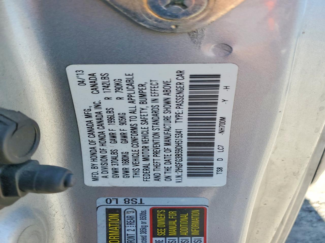 2013 Honda Civic Lx Silver vin: 2HGFG3B59DH515341