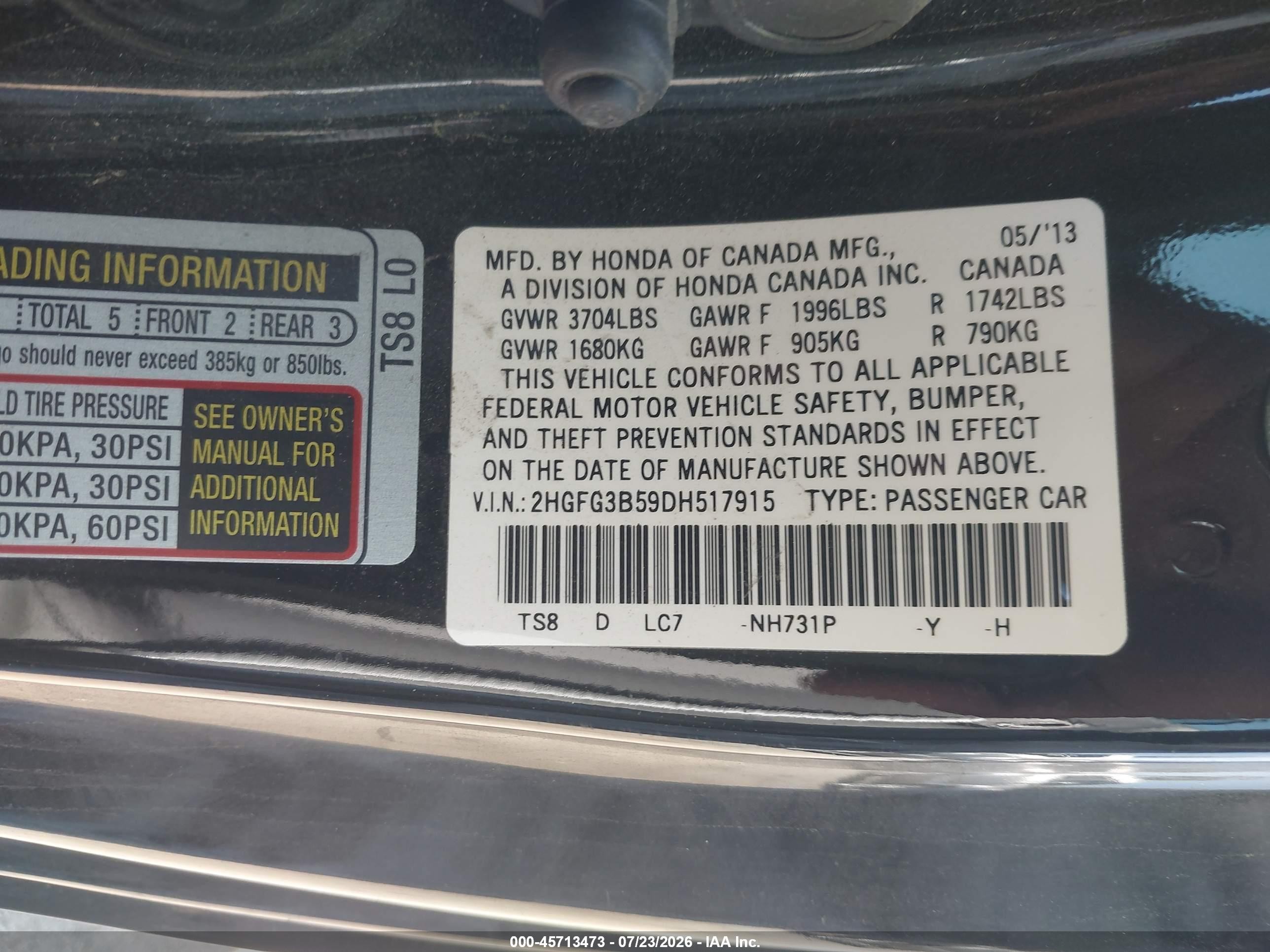 2013 Honda Civic Lx Black vin: 2HGFG3B59DH517915