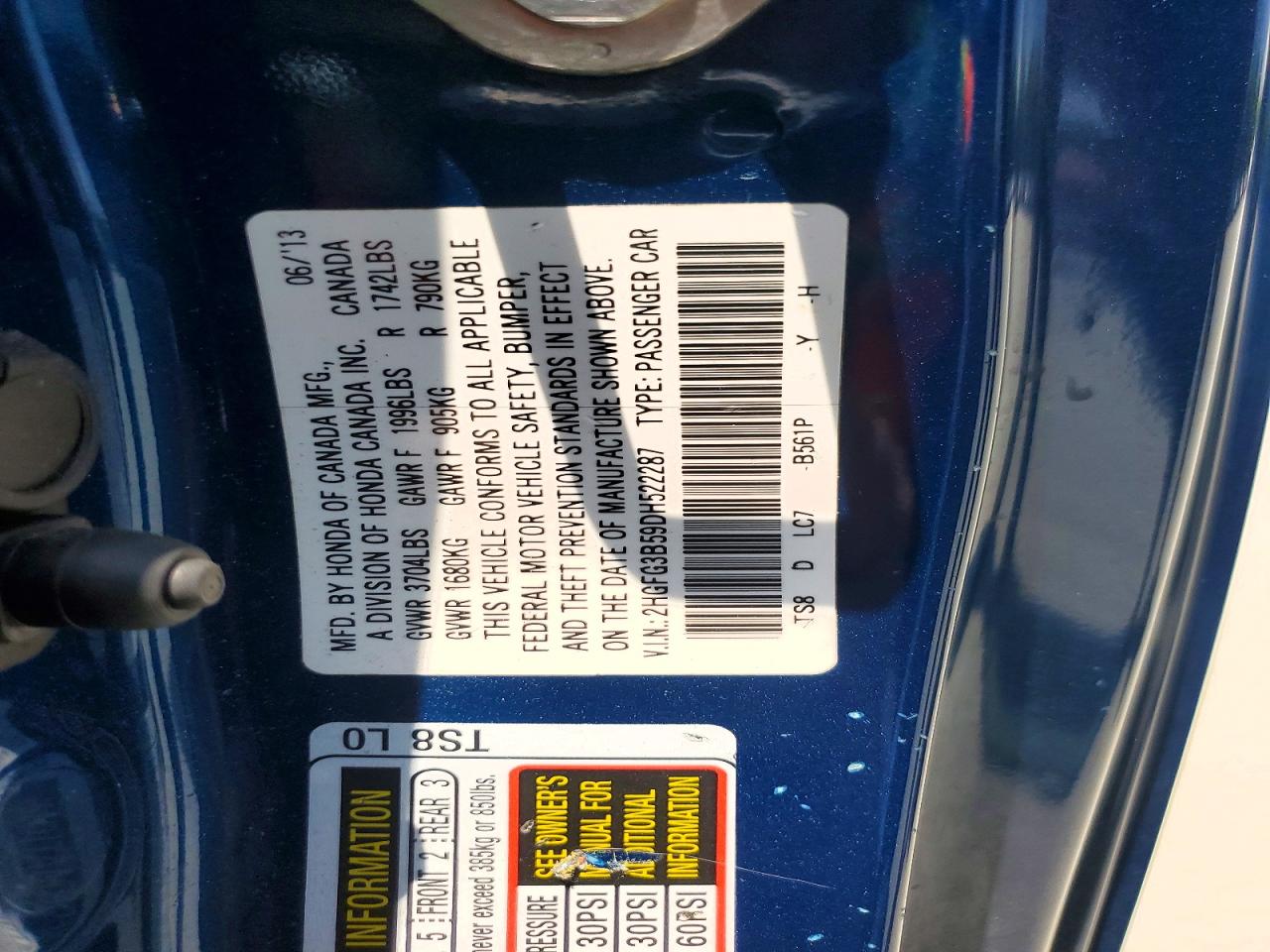 2013 Honda Civic Lx Blue vin: 2HGFG3B59DH522287