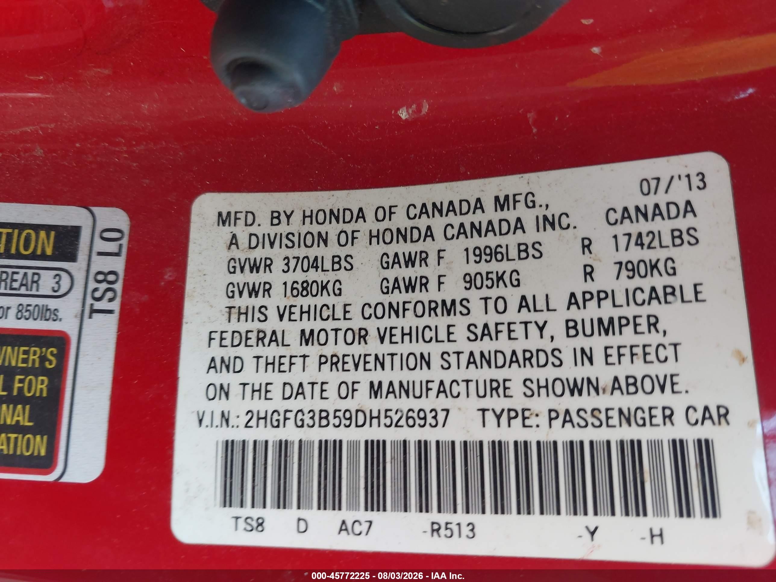 2013 Honda Civic Lx Red vin: 2HGFG3B59DH526937