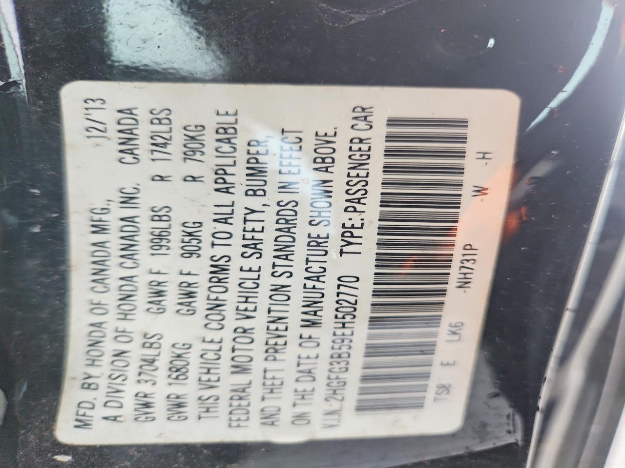 2014 Honda Civic Lx Black vin: 2HGFG3B59EH502770