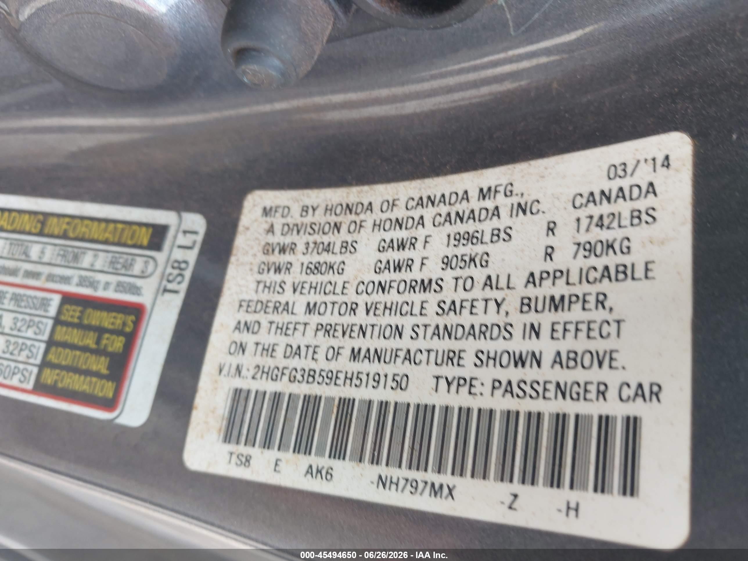 2014 Honda Civic Lx Серый vin: 2HGFG3B59EH519150