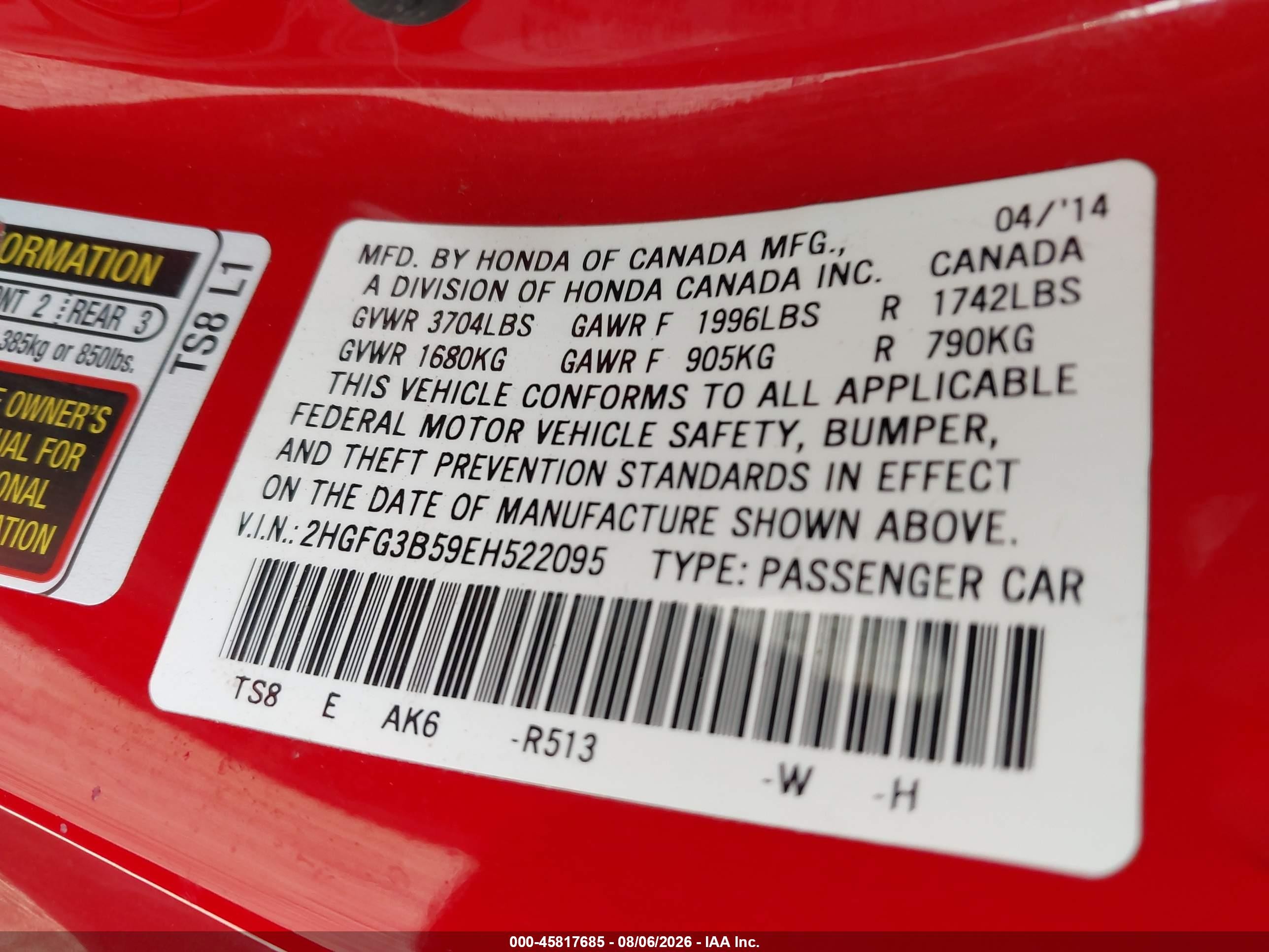 2014 Honda Civic Lx Red vin: 2HGFG3B59EH522095
