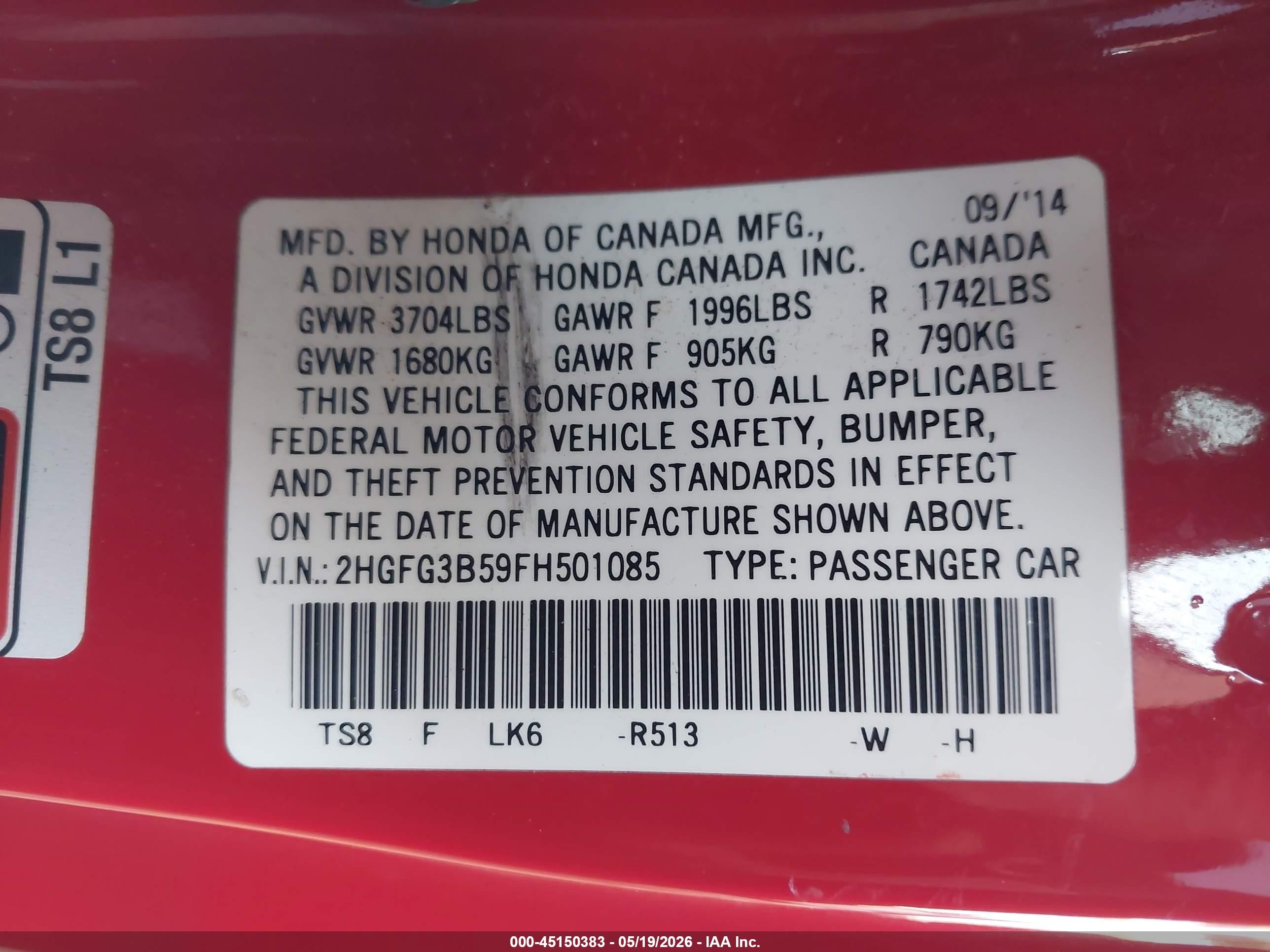 2015 Honda Civic Lx Red vin: 2HGFG3B59FH501085