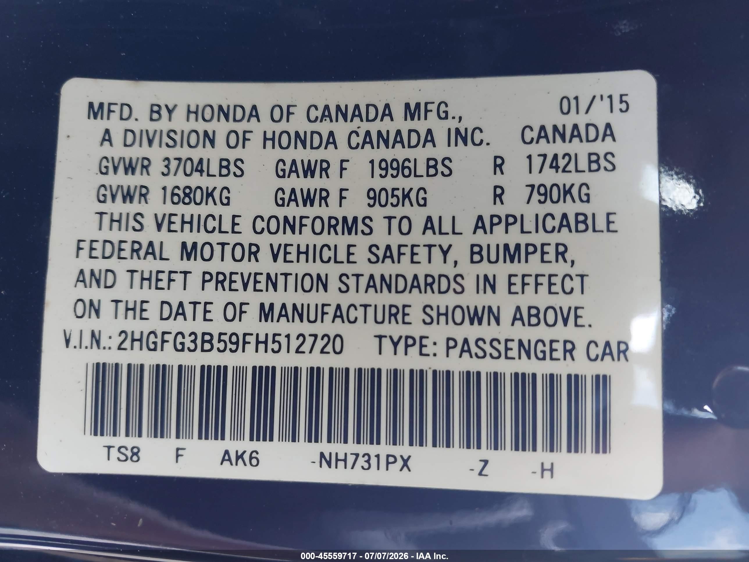2015 Honda Civic Lx Black vin: 2HGFG3B59FH512720