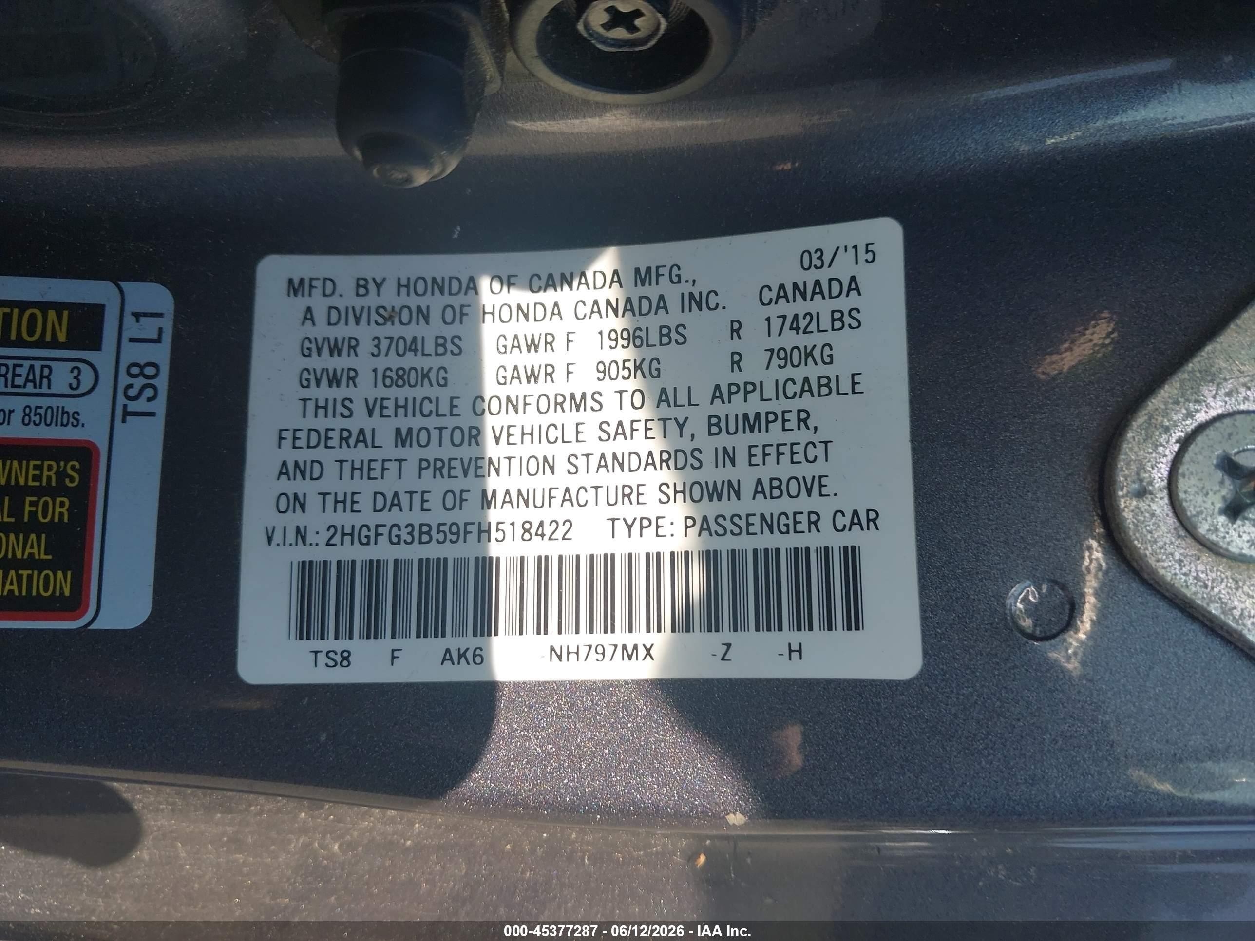 2015 Honda Civic Lx Gray vin: 2HGFG3B59FH518422