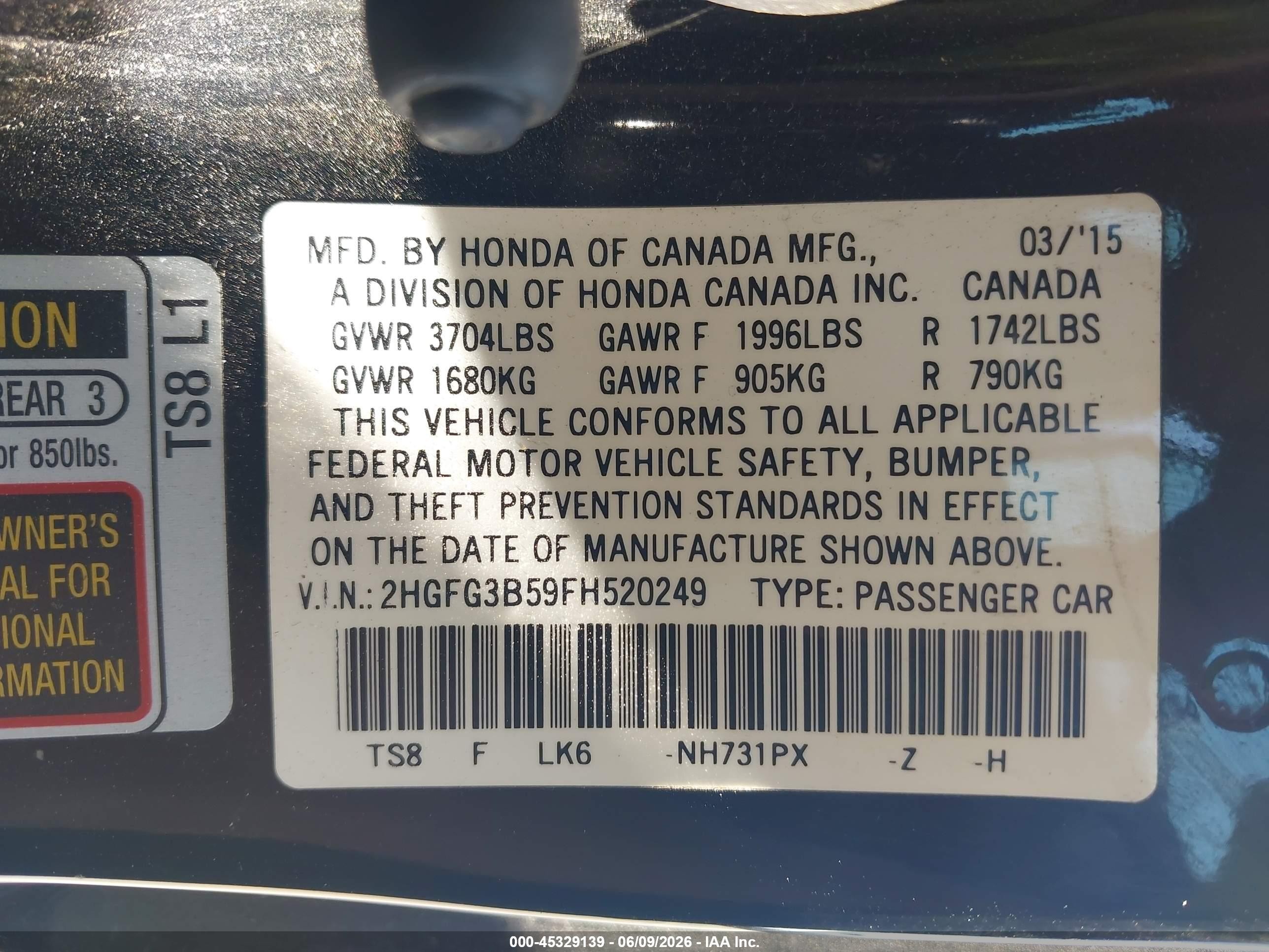 2015 Honda Civic Lx Black vin: 2HGFG3B59FH520249