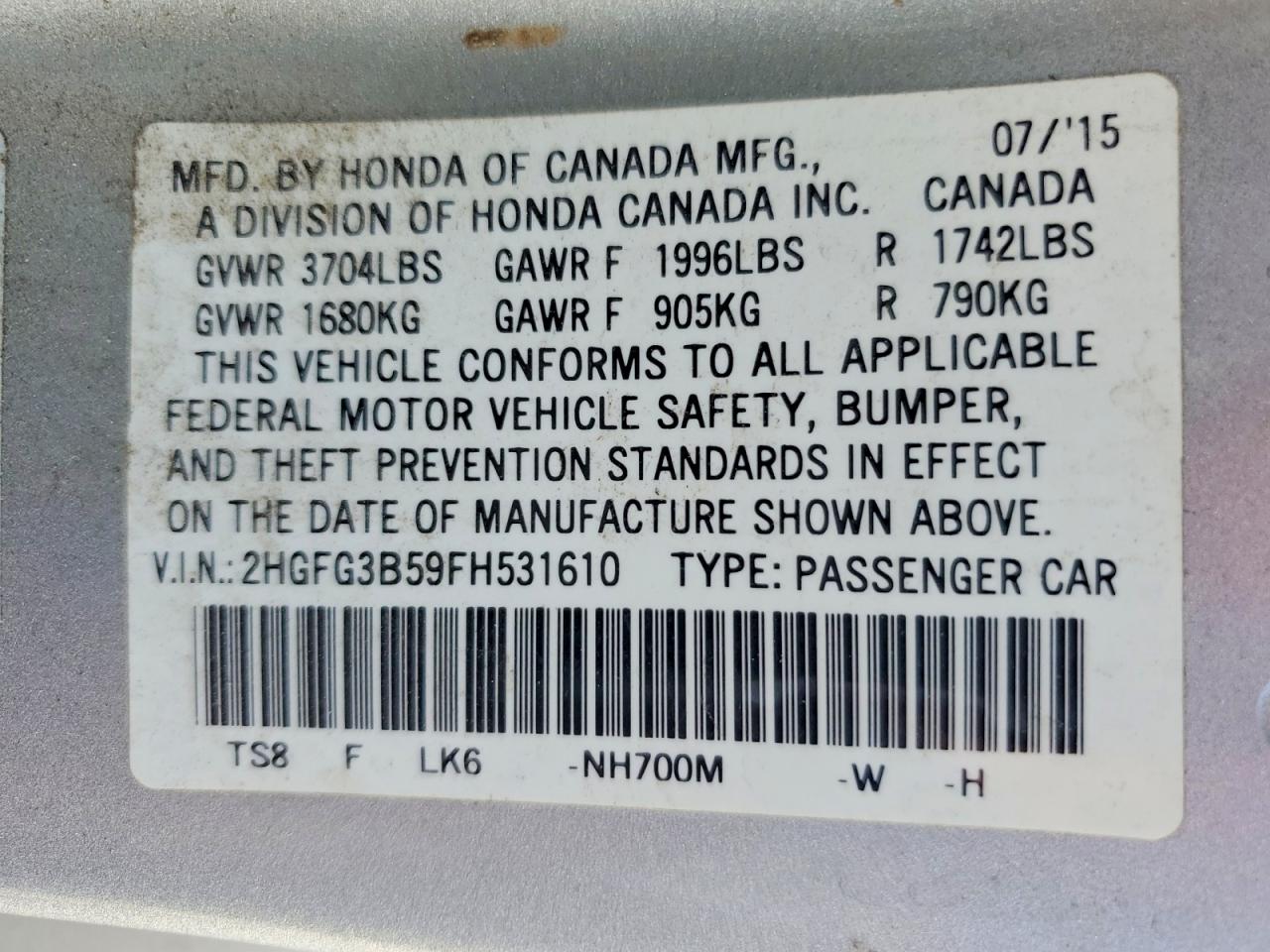 2015 Honda Civic Lx Silver vin: 2HGFG3B59FH531610