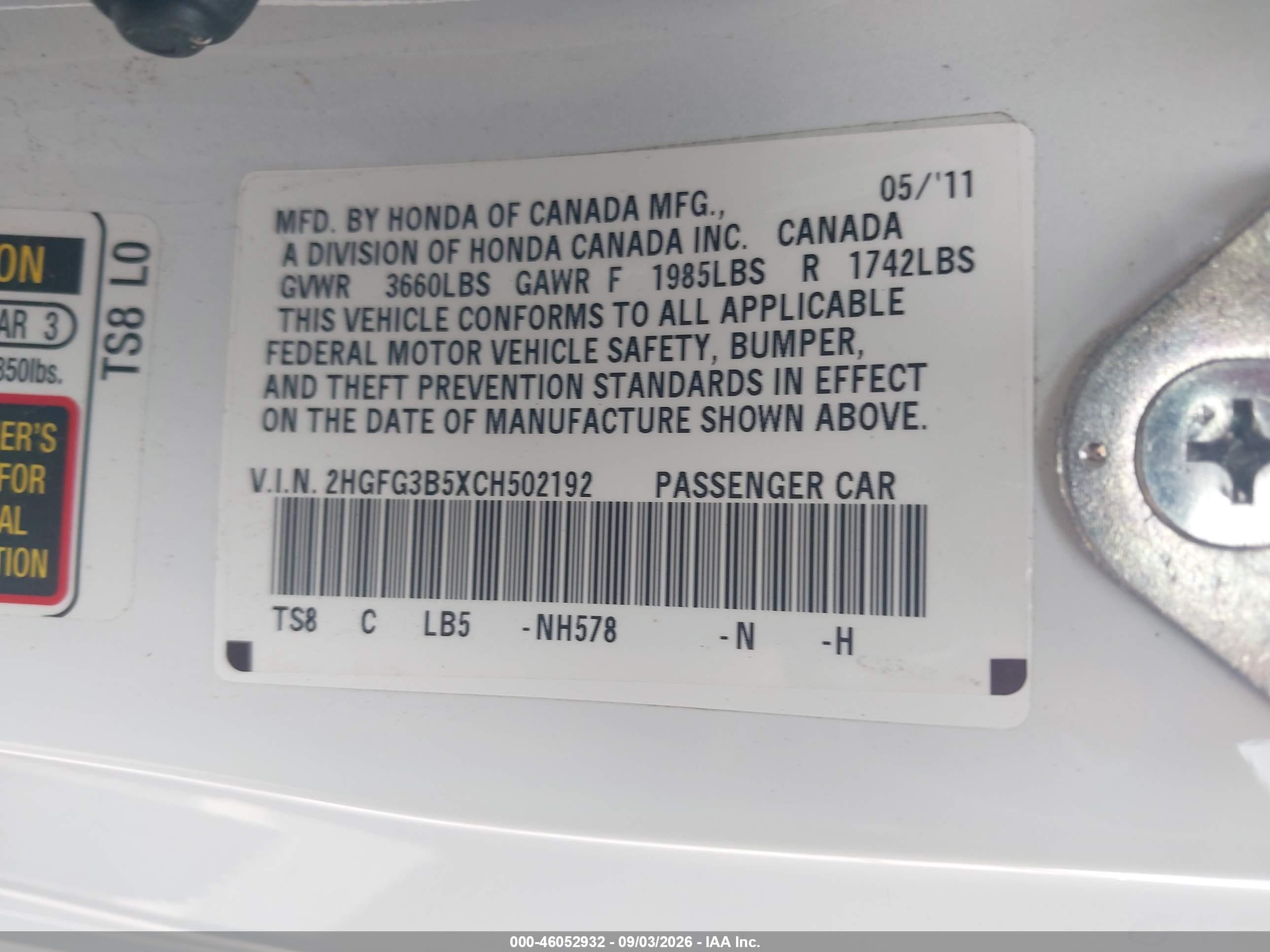 2012 Honda Civic Lx White vin: 2HGFG3B5XCH502192
