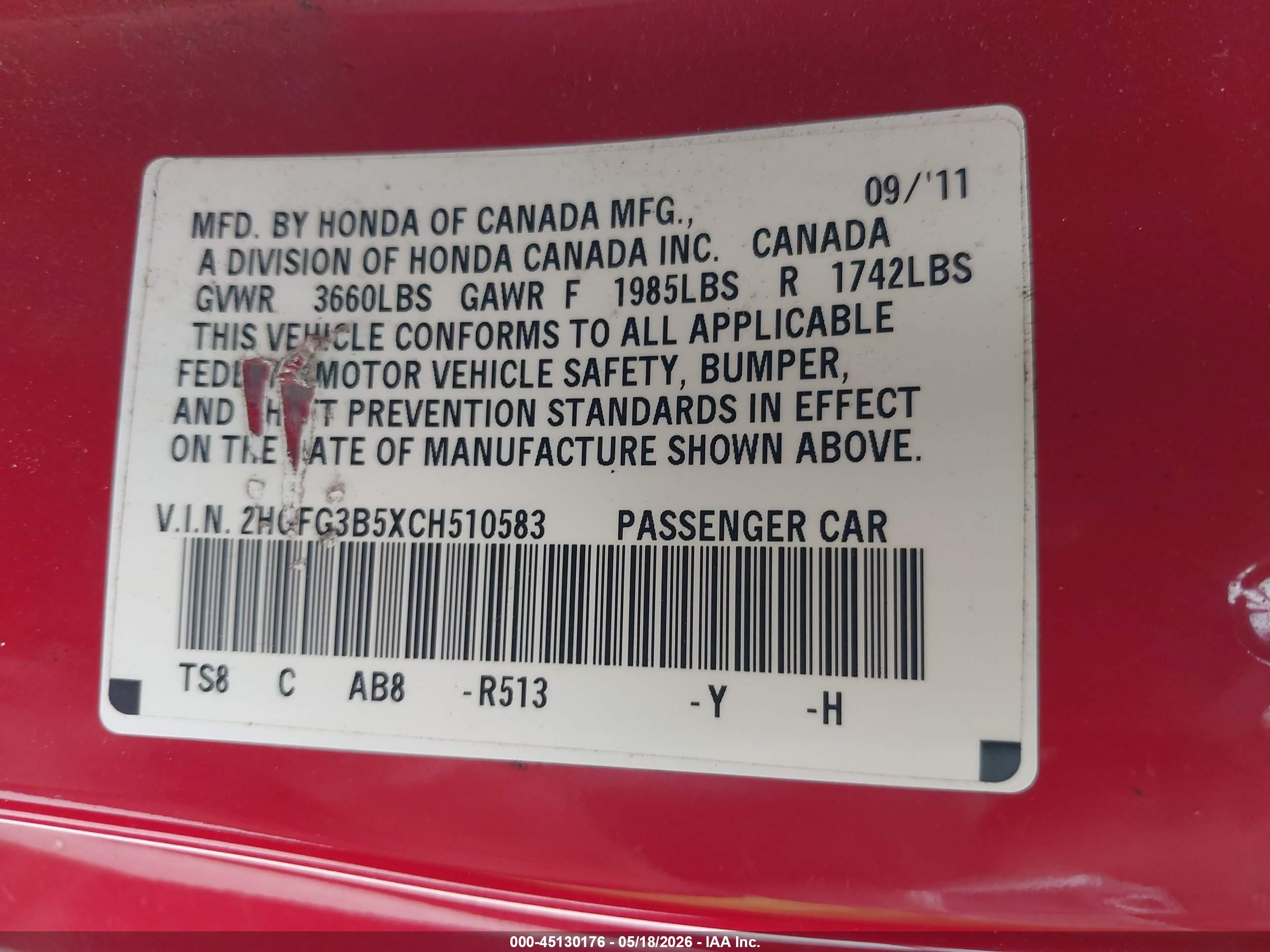 2012 Honda Civic Lx Красный vin: 2HGFG3B5XCH510583