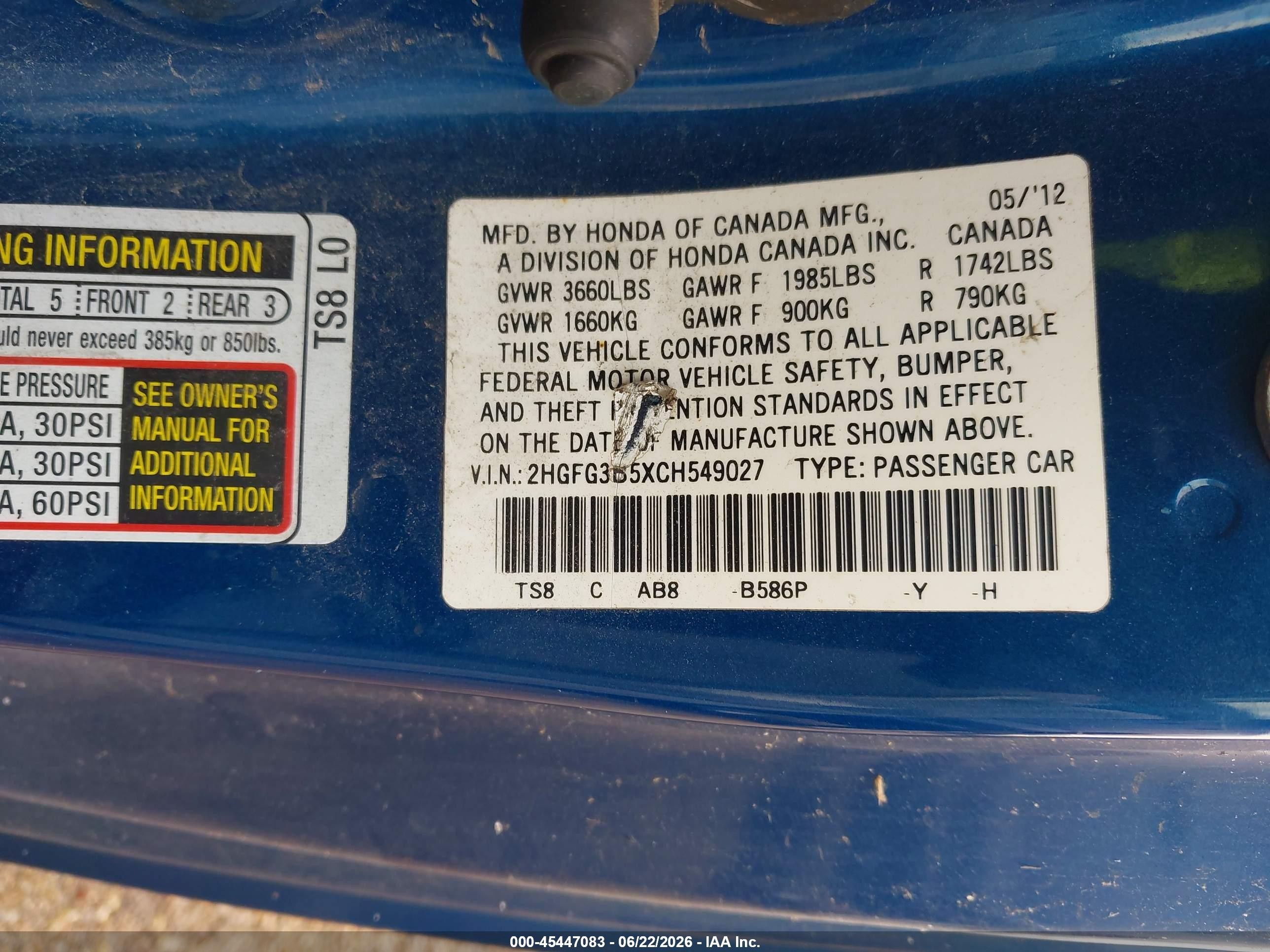 2012 Honda Civic Lx Blue vin: 2HGFG3B5XCH549027
