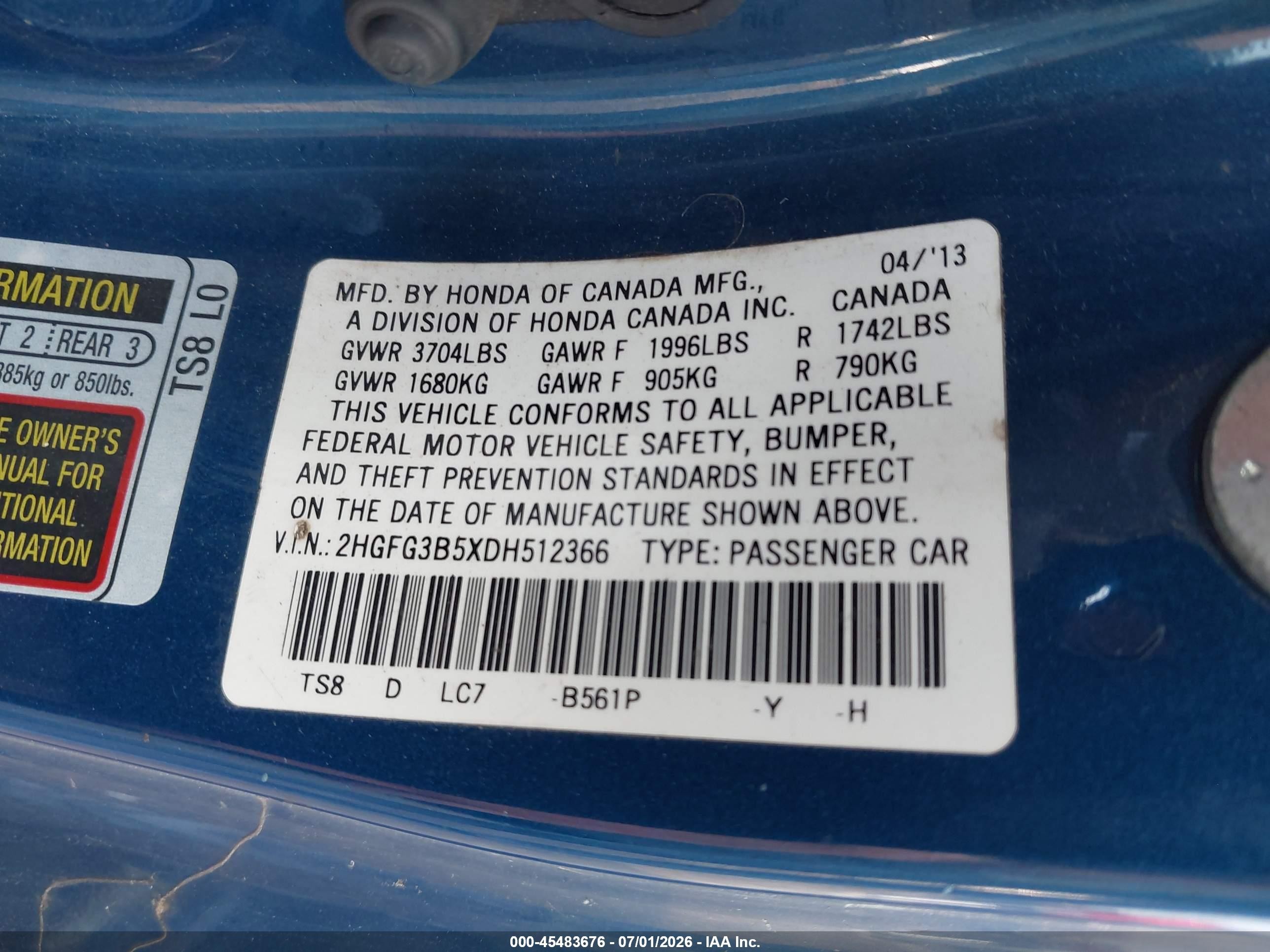 2013 Honda Civic Lx Blue vin: 2HGFG3B5XDH512366