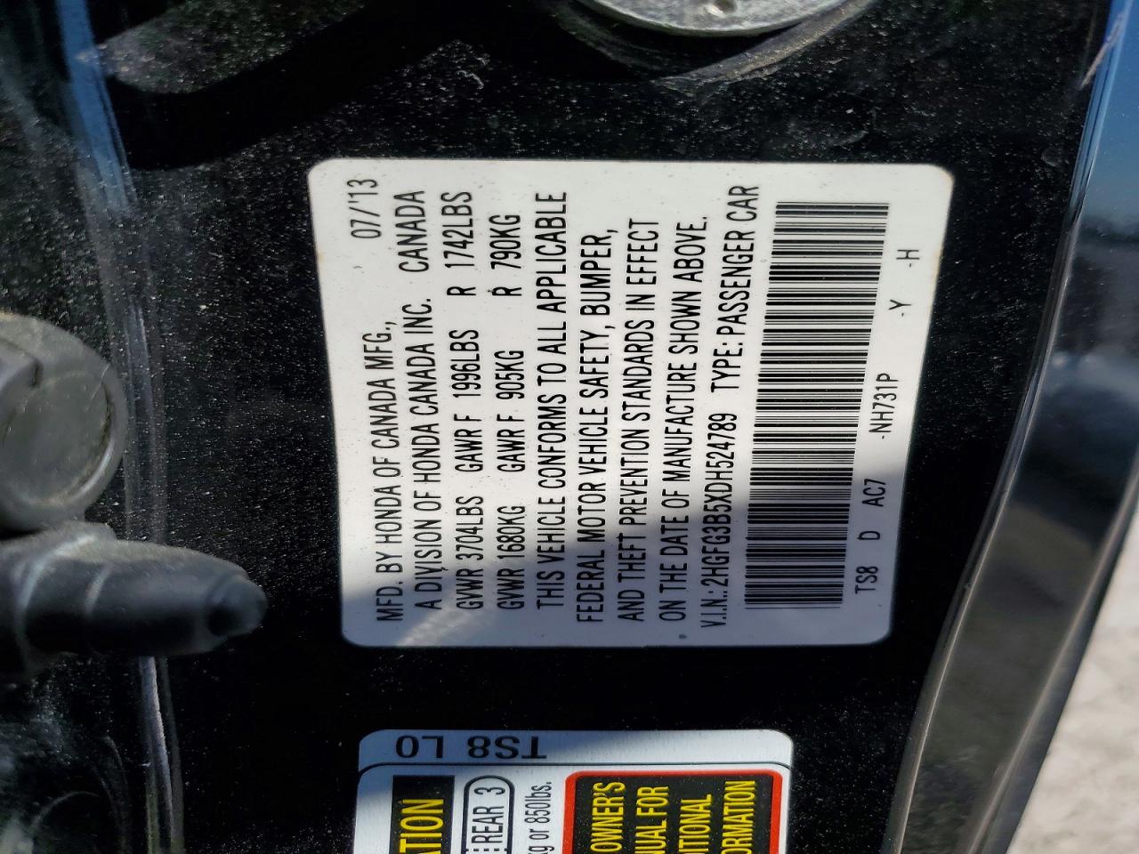 2013 Honda Civic Lx Black vin: 2HGFG3B5XDH524789