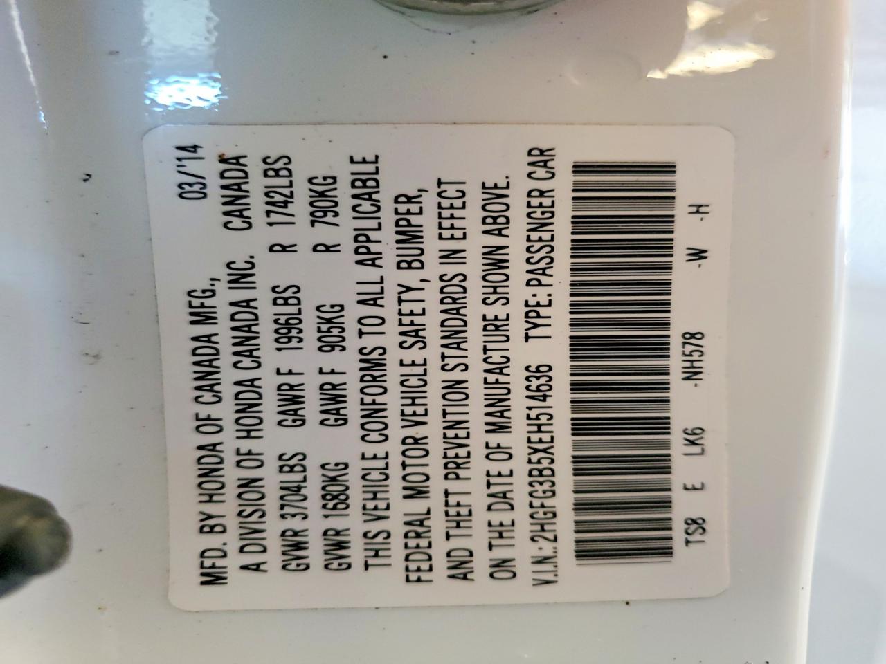 2014 Honda Civic Lx White vin: 2HGFG3B5XEH514636